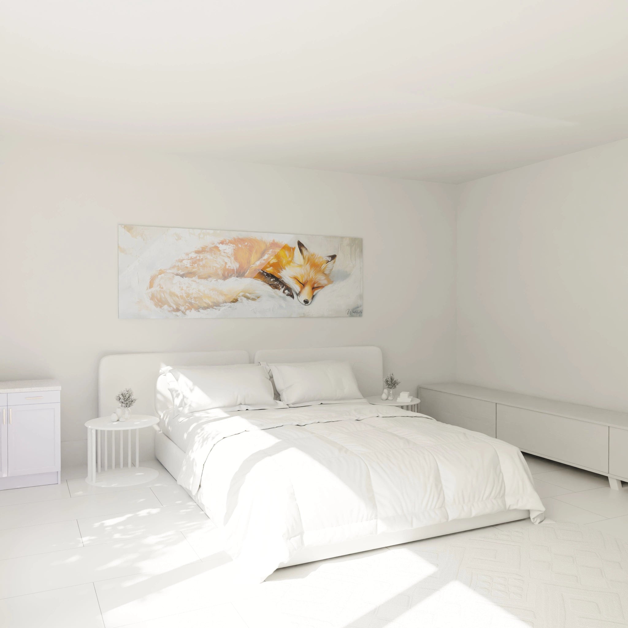 Tableau renard endormi aux couleurs chaudes dans une chambre moderne blanche de Walensky