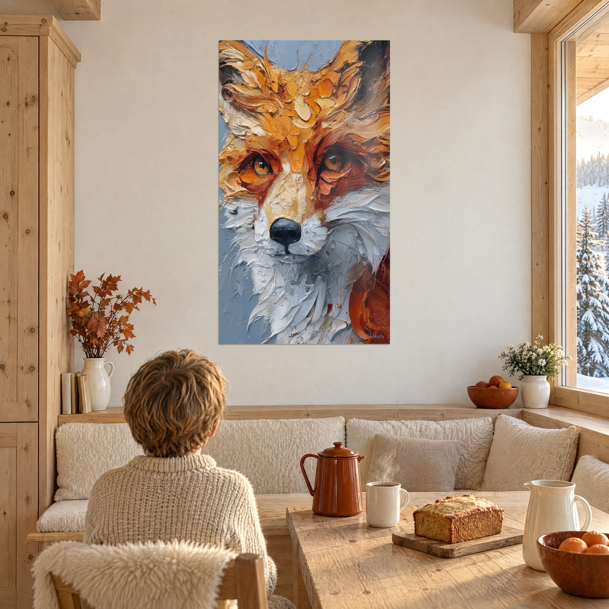 Tableau portrait de canidé aux oreilles cuivrées, fourrure blanche crémeuse, enfant de dos devant un chalet enneigé et une table de goûter