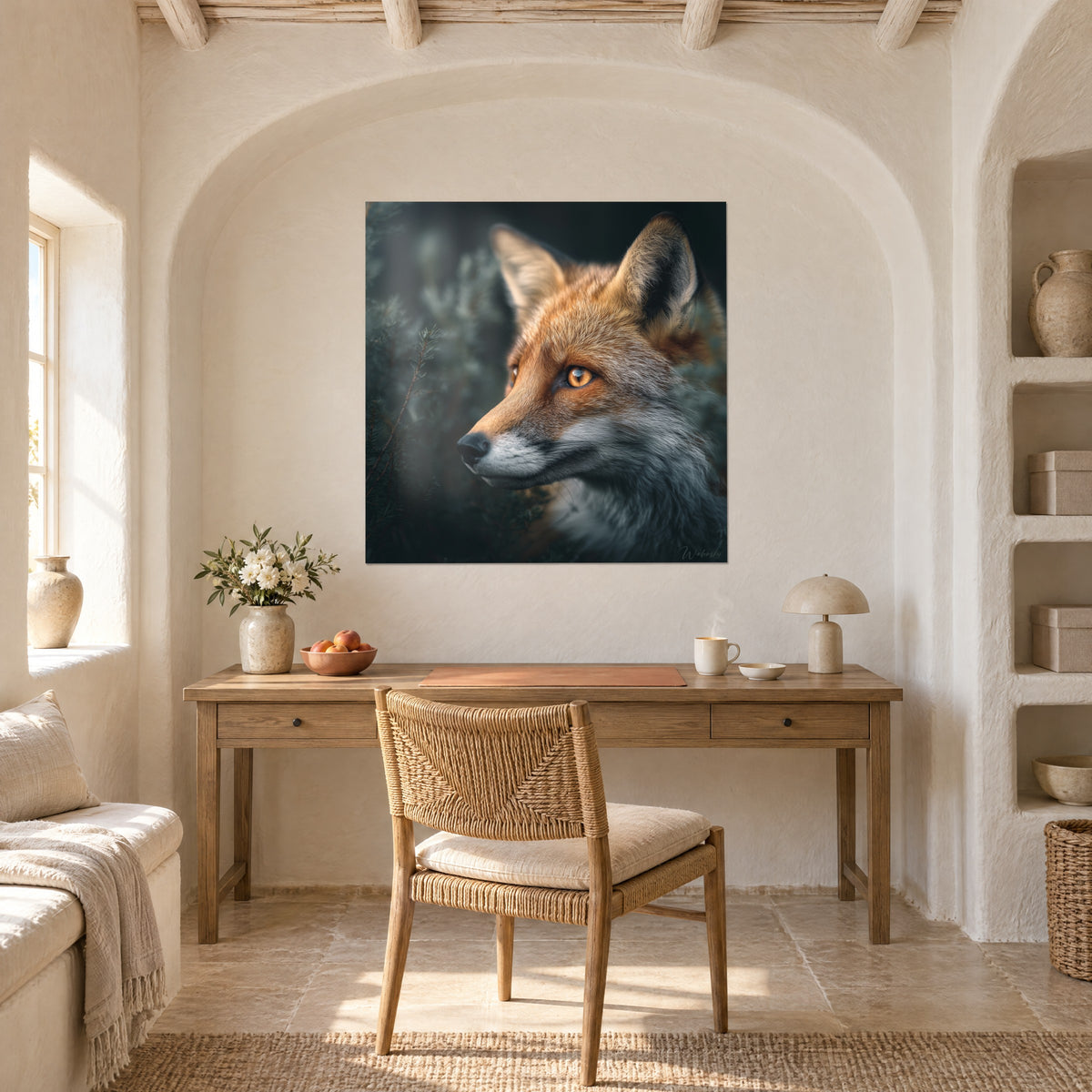 Cuadro cabeza de zorro de pelaje cobrizo y gris perla, fondo de bosque oscuro, pared blanca de un despacho de madera clara
