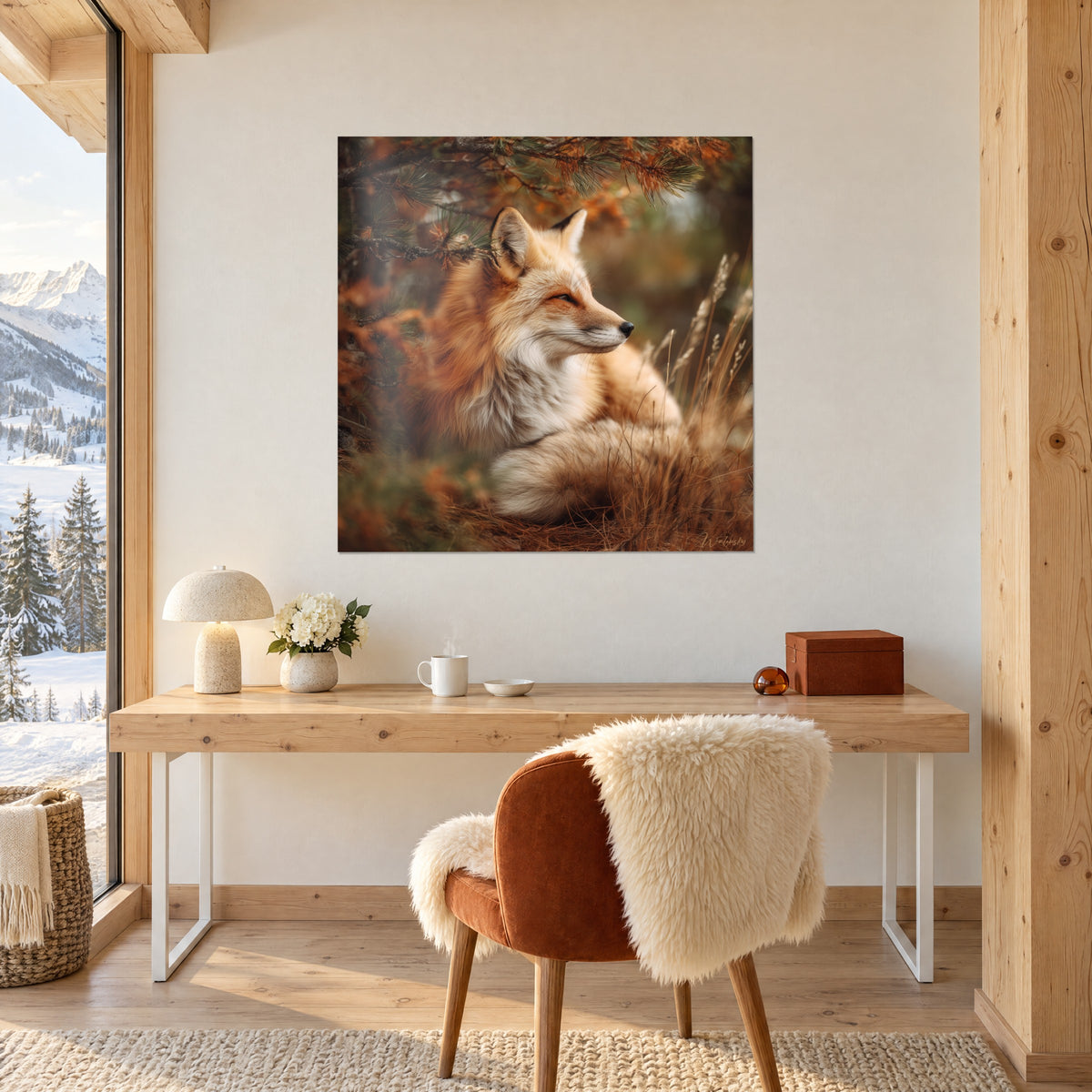 Gemälde Fuchs mit spitzen Ohren und halbgeschlossenen Augen, leuchtendes Orange vor verschwommenem Grün, über einem Schreibtisch aus hellem Holz