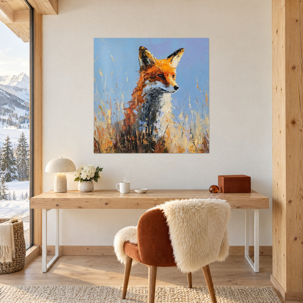 Cuadro retrato de zorro en pasta gruesa naranja y azul pervinca, frente a un escritorio de madera clara junto a una ventana nevada
