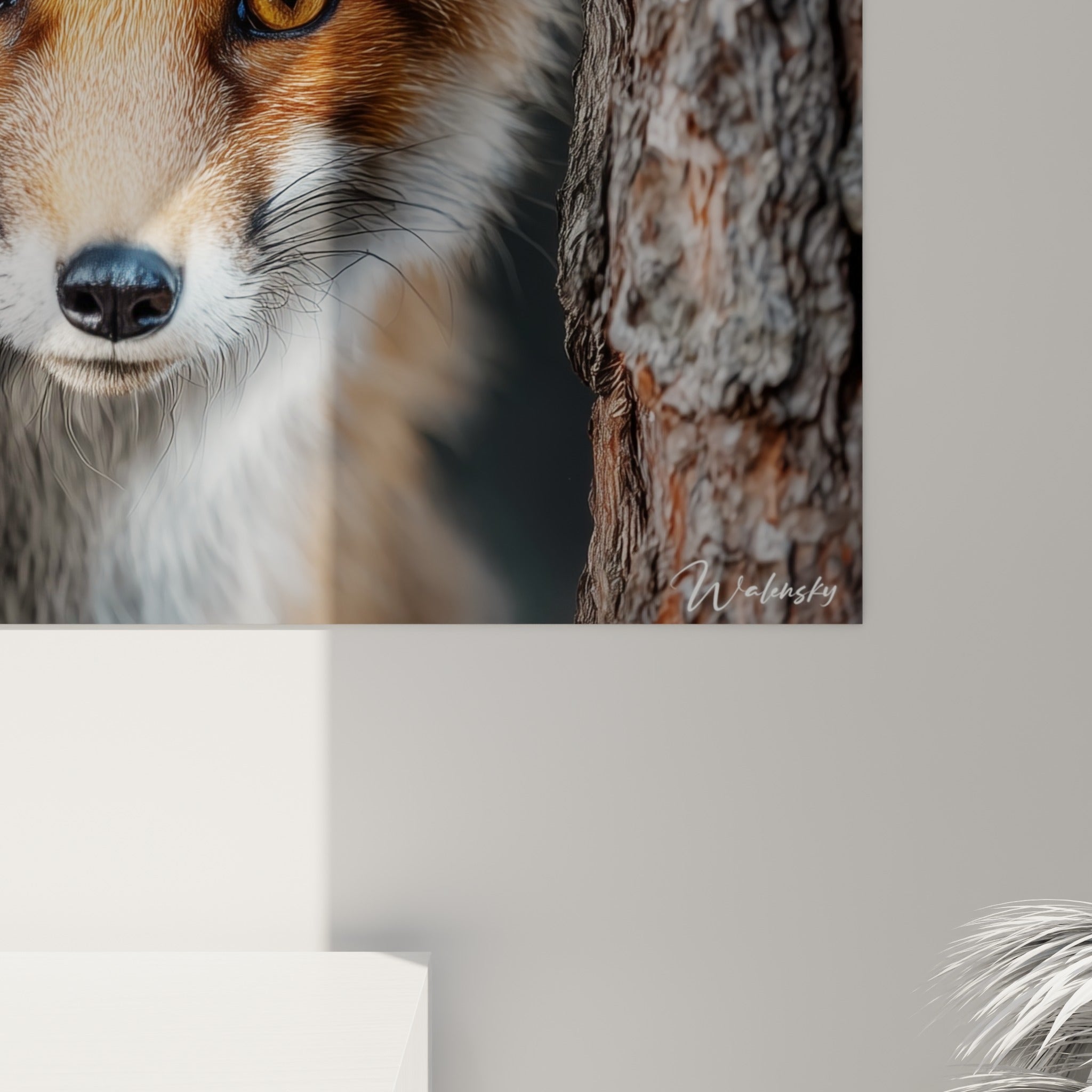 Détail du pelage roux et blanc du renard, grain de l'impression révélant chaque fibre orangée et brune