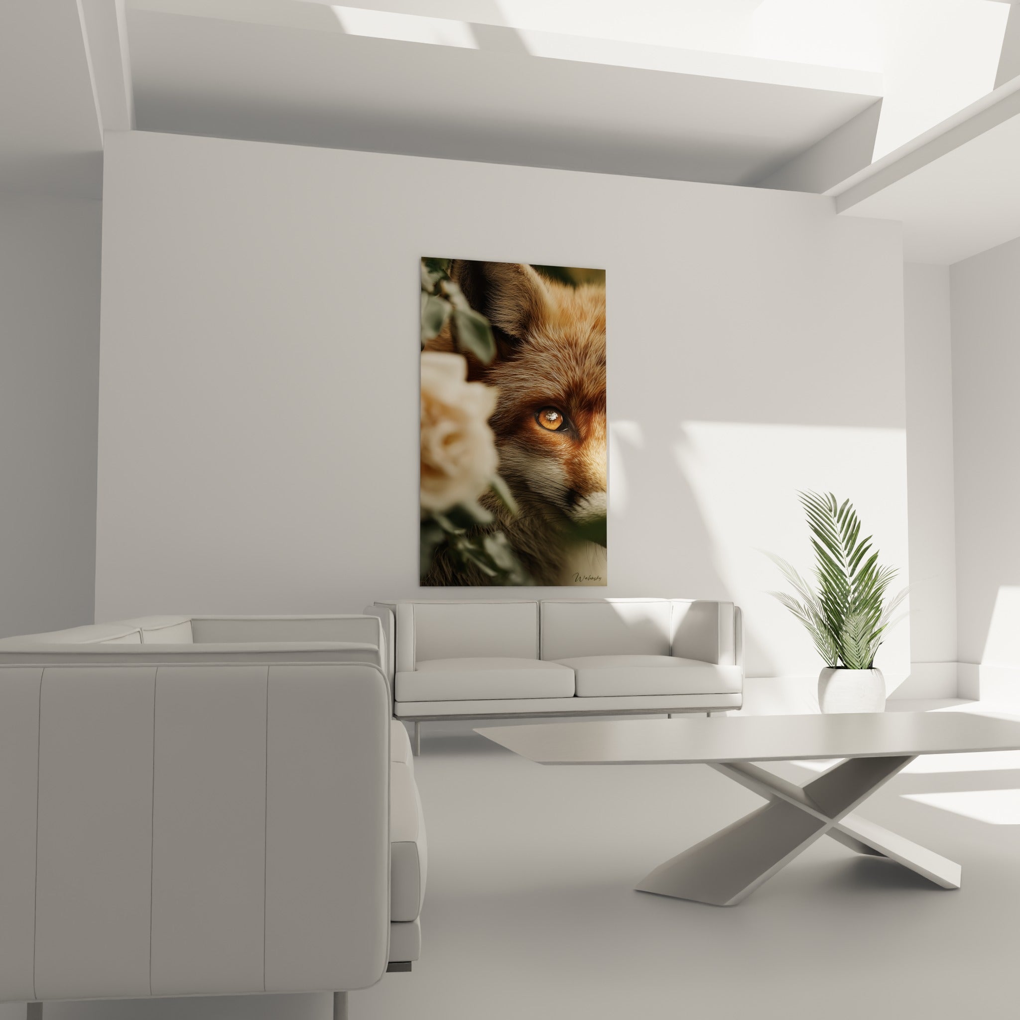 Pelage roux et rose crème en premier plan, accrochés au-dessus d'un canapé dans un salon lumineux