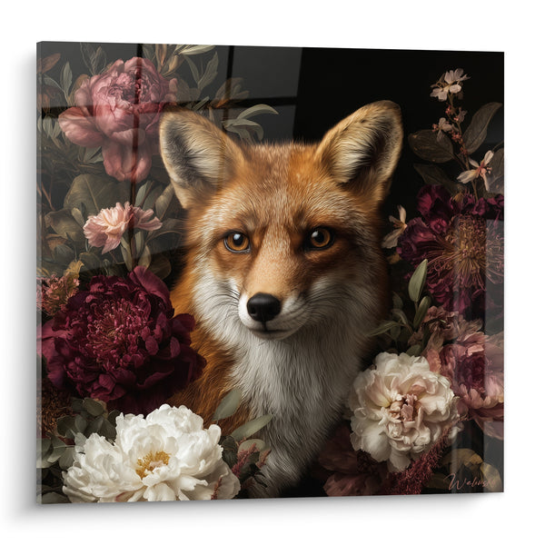 Tableau Renard roux entouré de pivoines pourpres - Refuge fleuri - Edition Renard