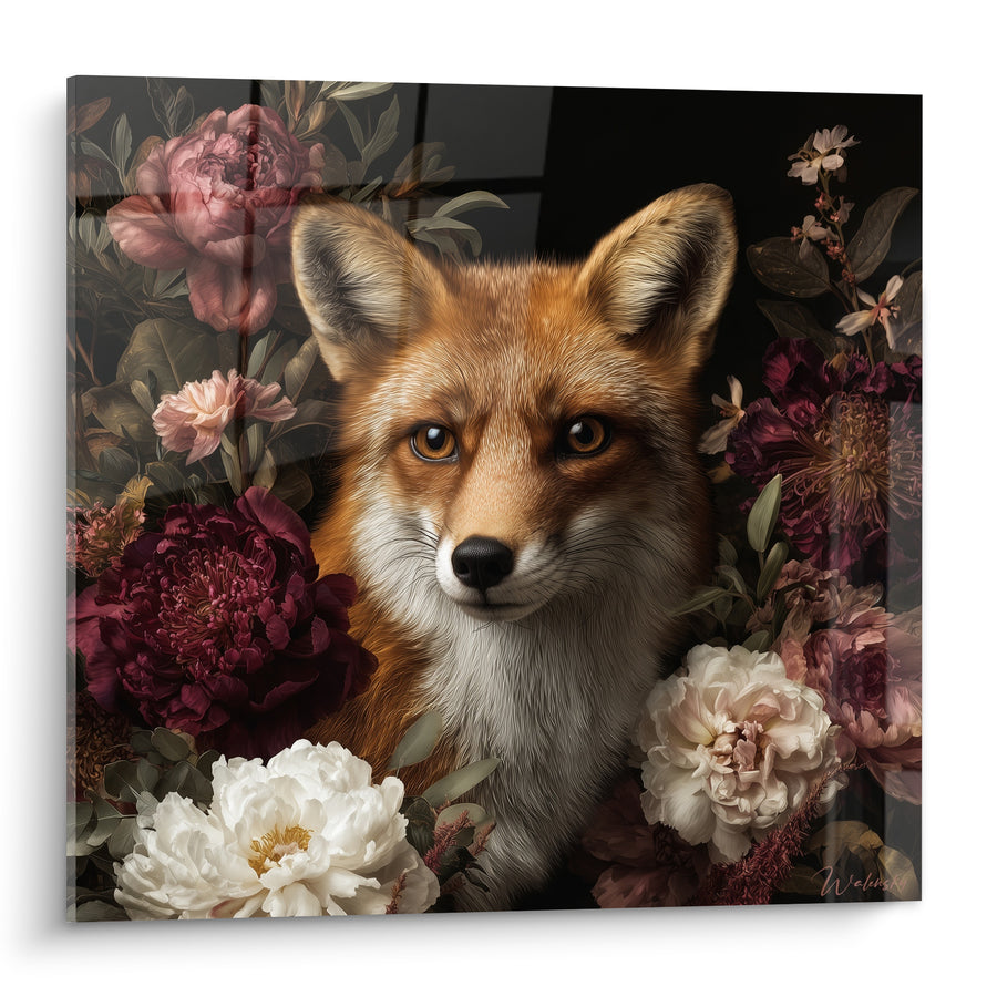 Tableau Renard roux entouré de pivoines pourpres - Refuge fleuri - Edition Renard