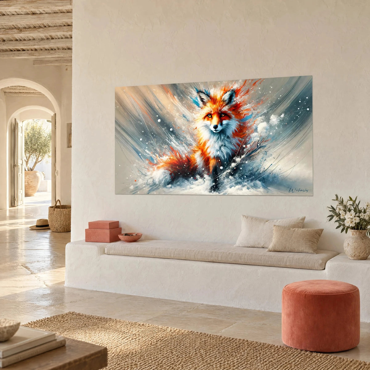 Wall art blazing fox, vivid orange coat and white chest, slate blue splashes, cream wall of a Mediterranean house
