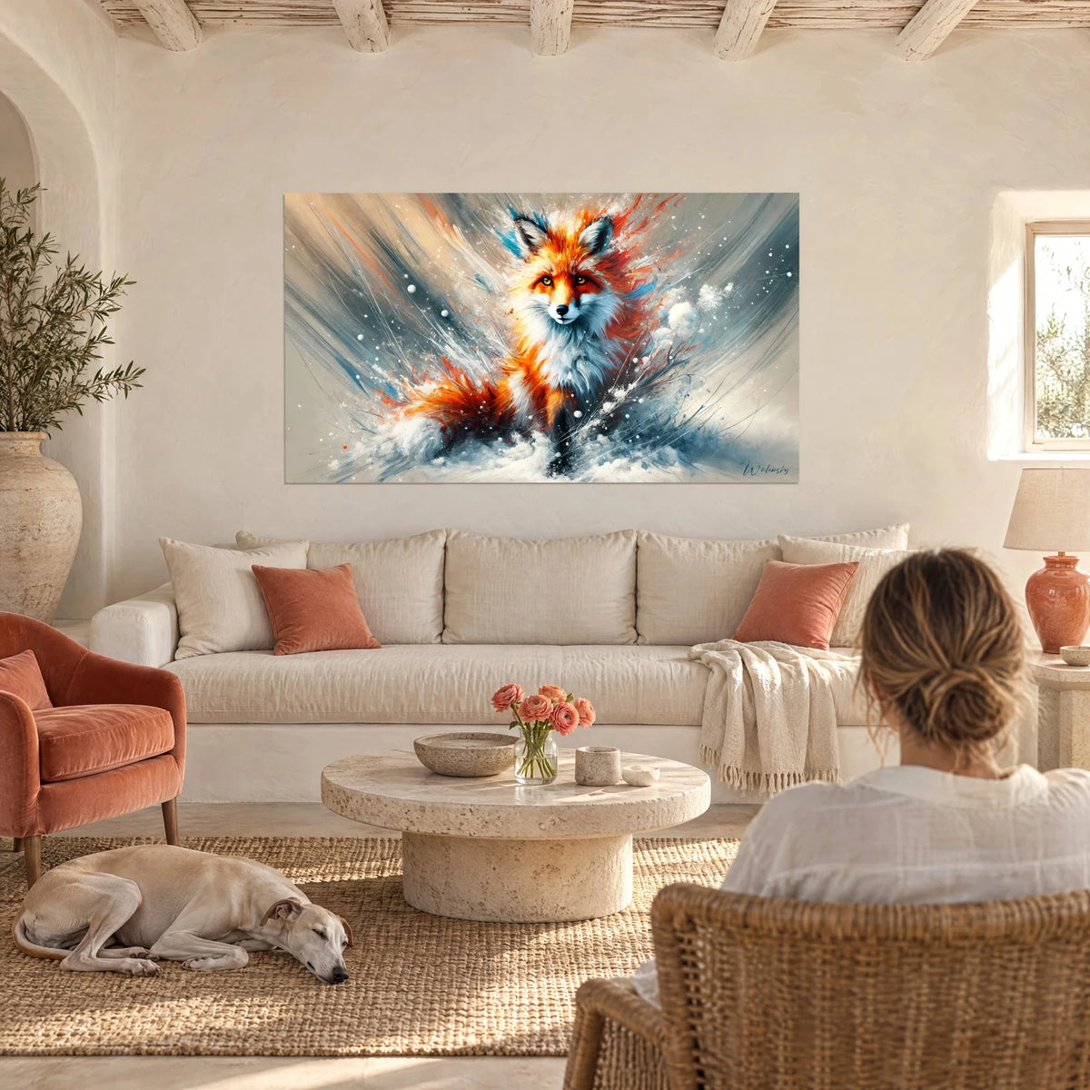 Wall art red fox with amber eyes in a swirl of snow, steel blue and orange, above a sofa in a bright living room
