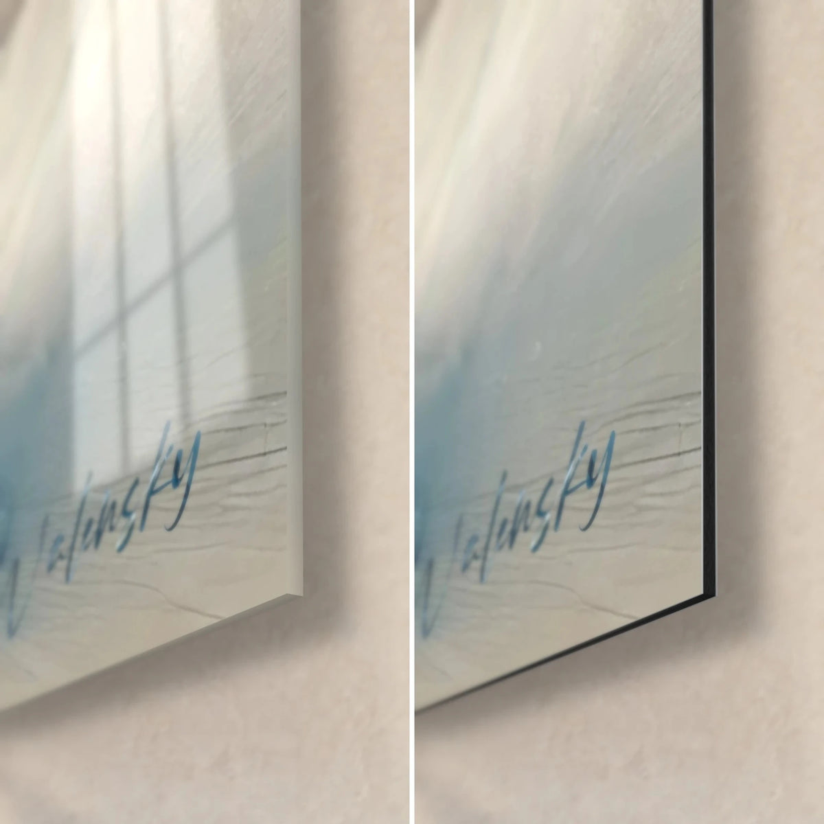 Wall art polar fox in projected paint, bottom right corner: glossy acrylic glass with reflections, matte grey-blue Dibond, 3 mm edge