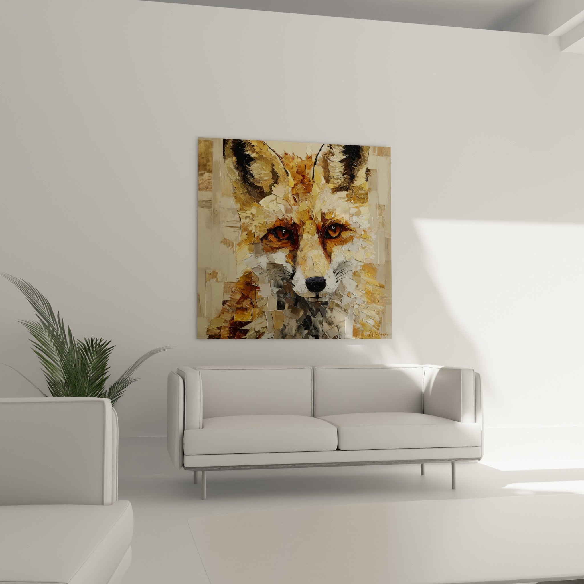Portrait animalier du renard aux tons dorés et gris, accroché au-dessus d'un canapé dans un salon lumineux