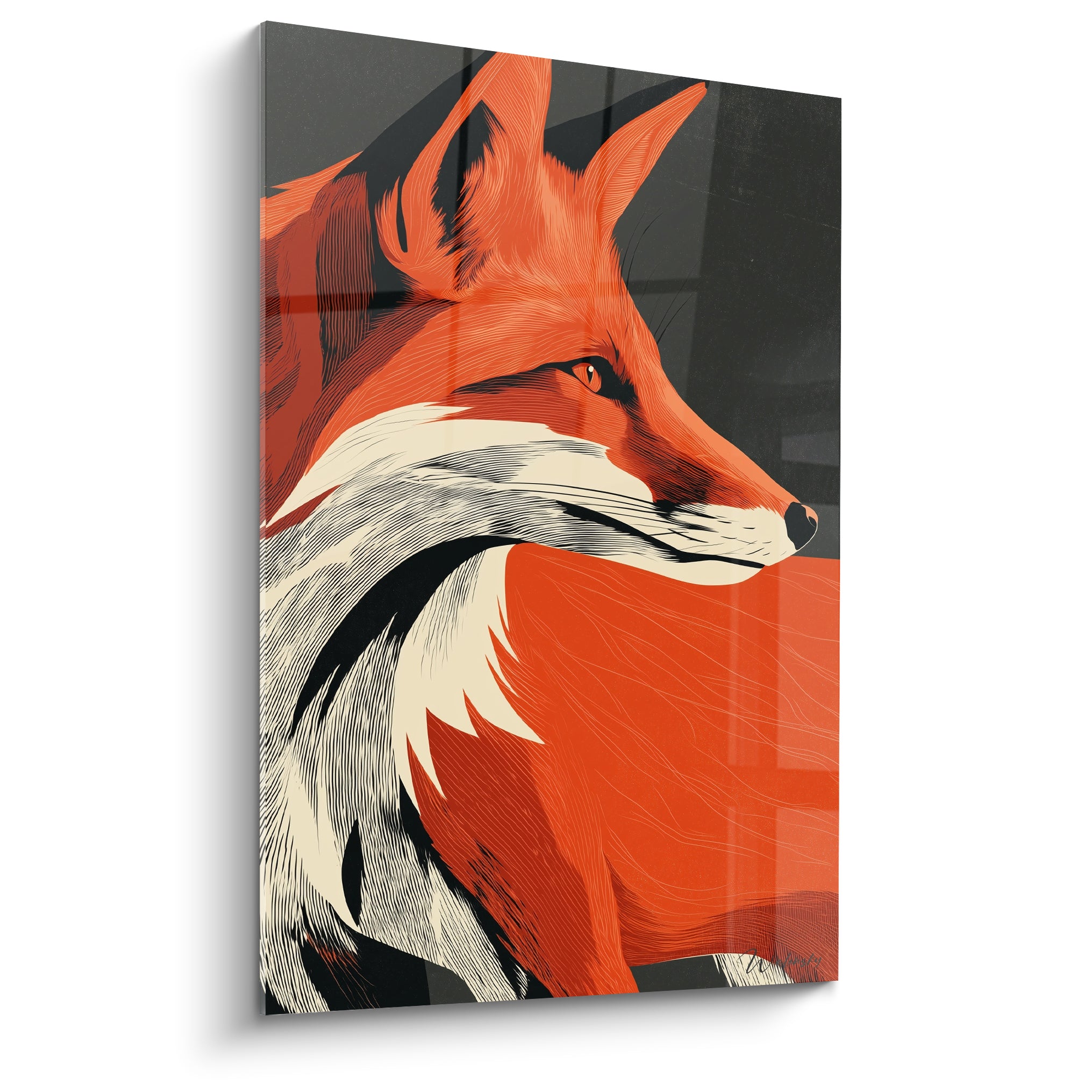 Renard roux au profil intense, pelage orange et blanc crème sur fond anthracite graphique