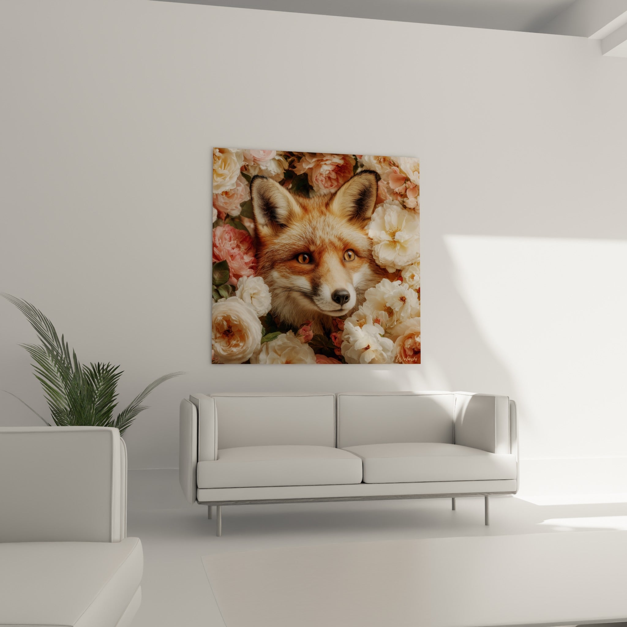 Yeux dorés du renard émergeant d'un bouquet rose et blanc, au-dessus d'un canapé dans un salon lumineux