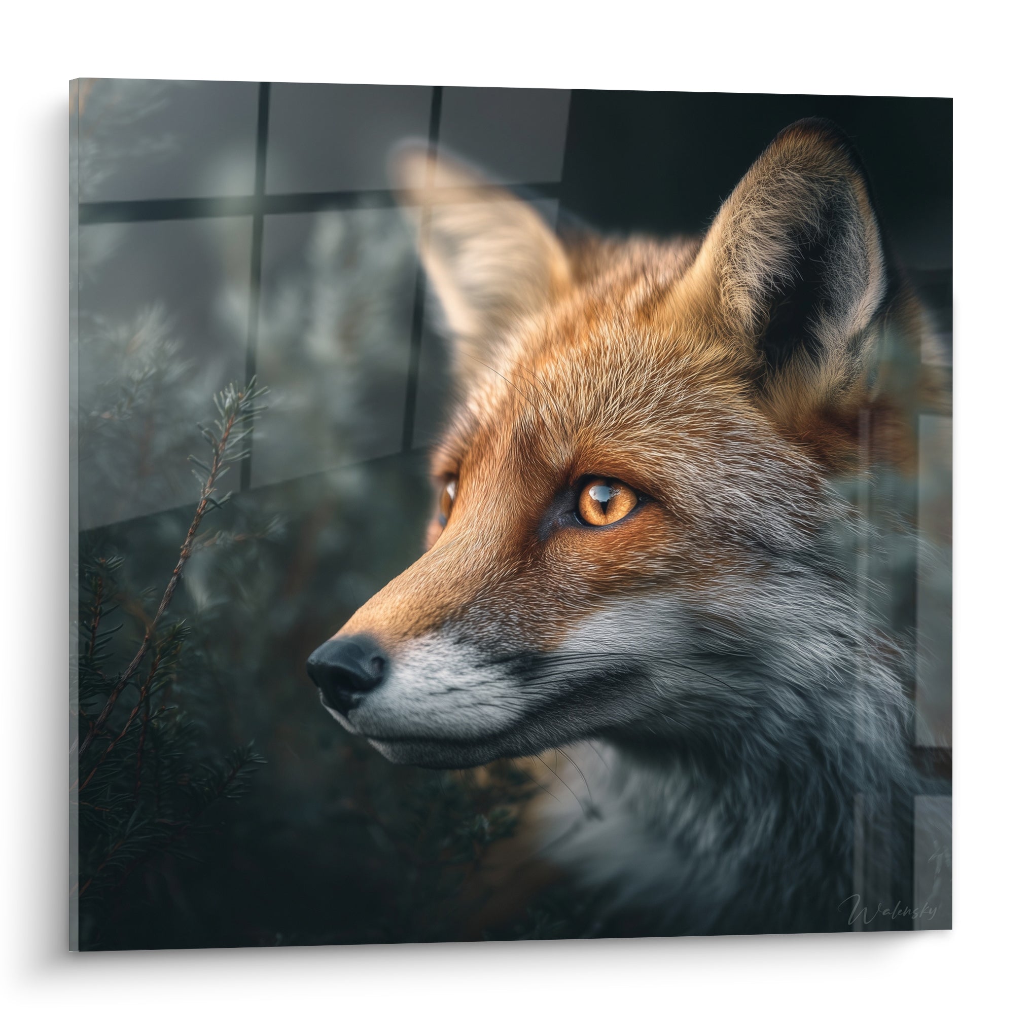 Renard roux au regard ambré perçant, fourrure fauve et grise, museau blanc détaillé sur fond sombre flouté