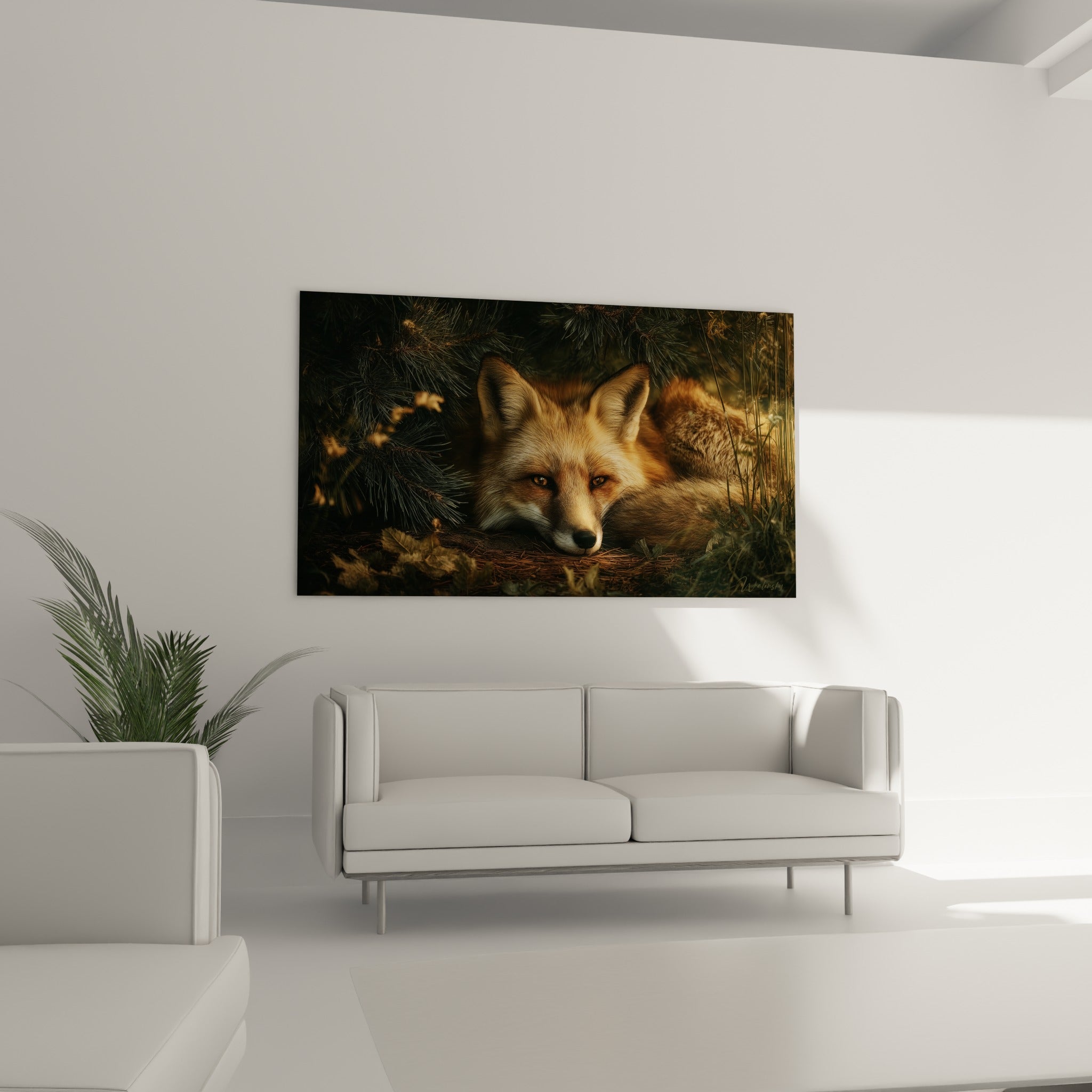 Regard perçant du renard fauve niché dans les feuilles brunes, au-dessus d'un canapé dans un salon lumineux