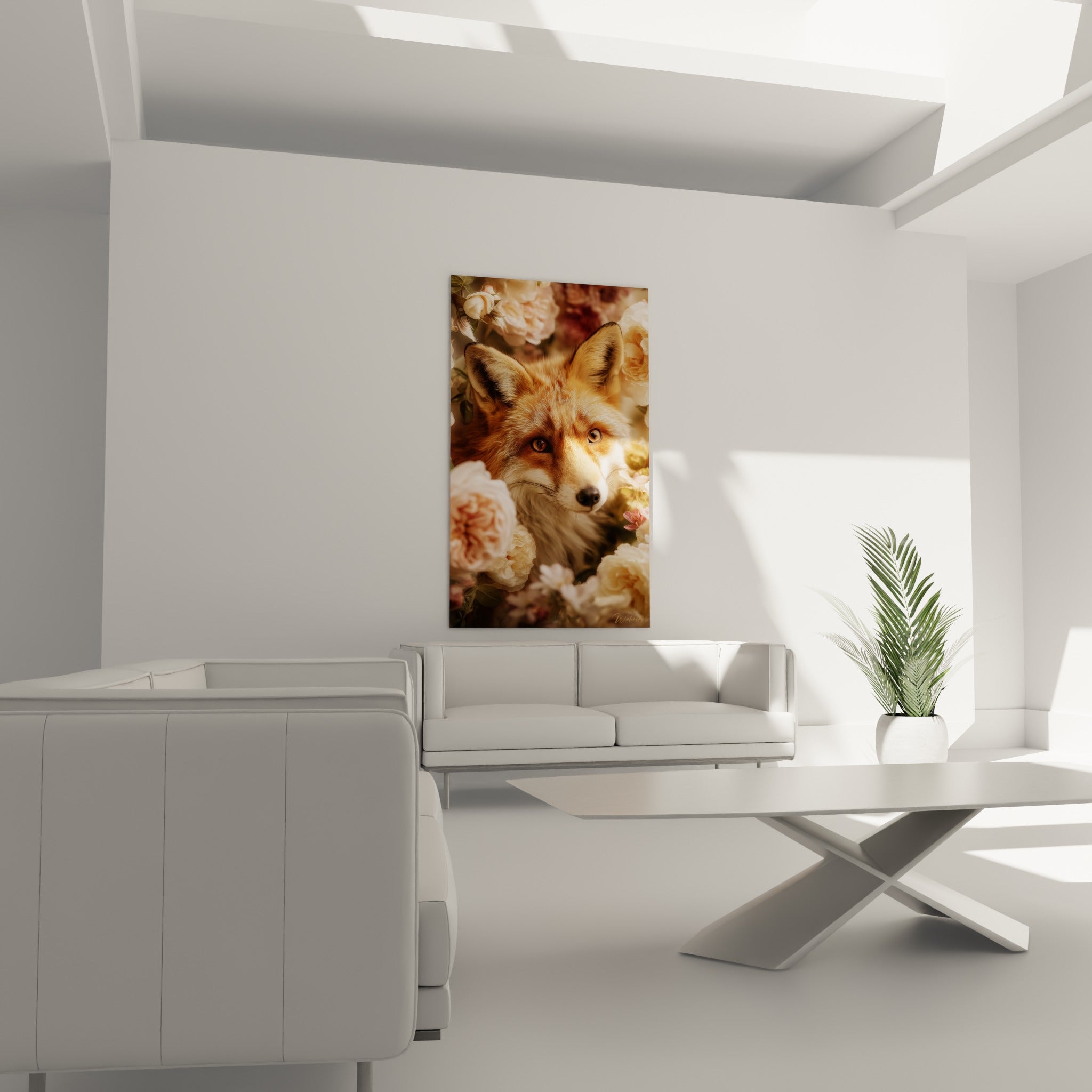 Yeux ambrés du renard entouré de pétales rose tendre, au-dessus d'un canapé dans un salon lumineux
