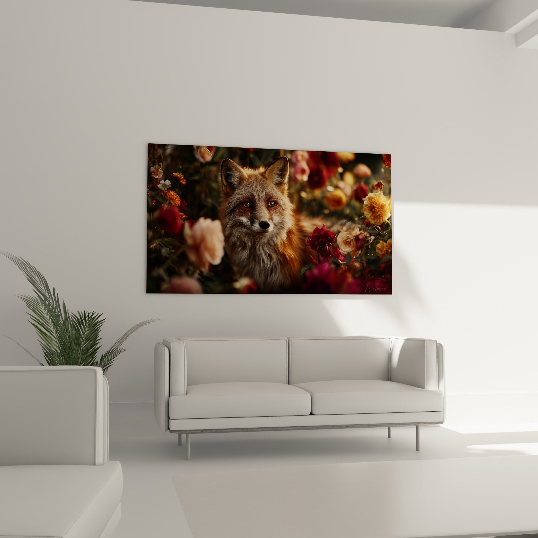 Regard doré du renard émergeant d'un massif de roses pourpres, au-dessus d'un canapé dans un salon lumineux