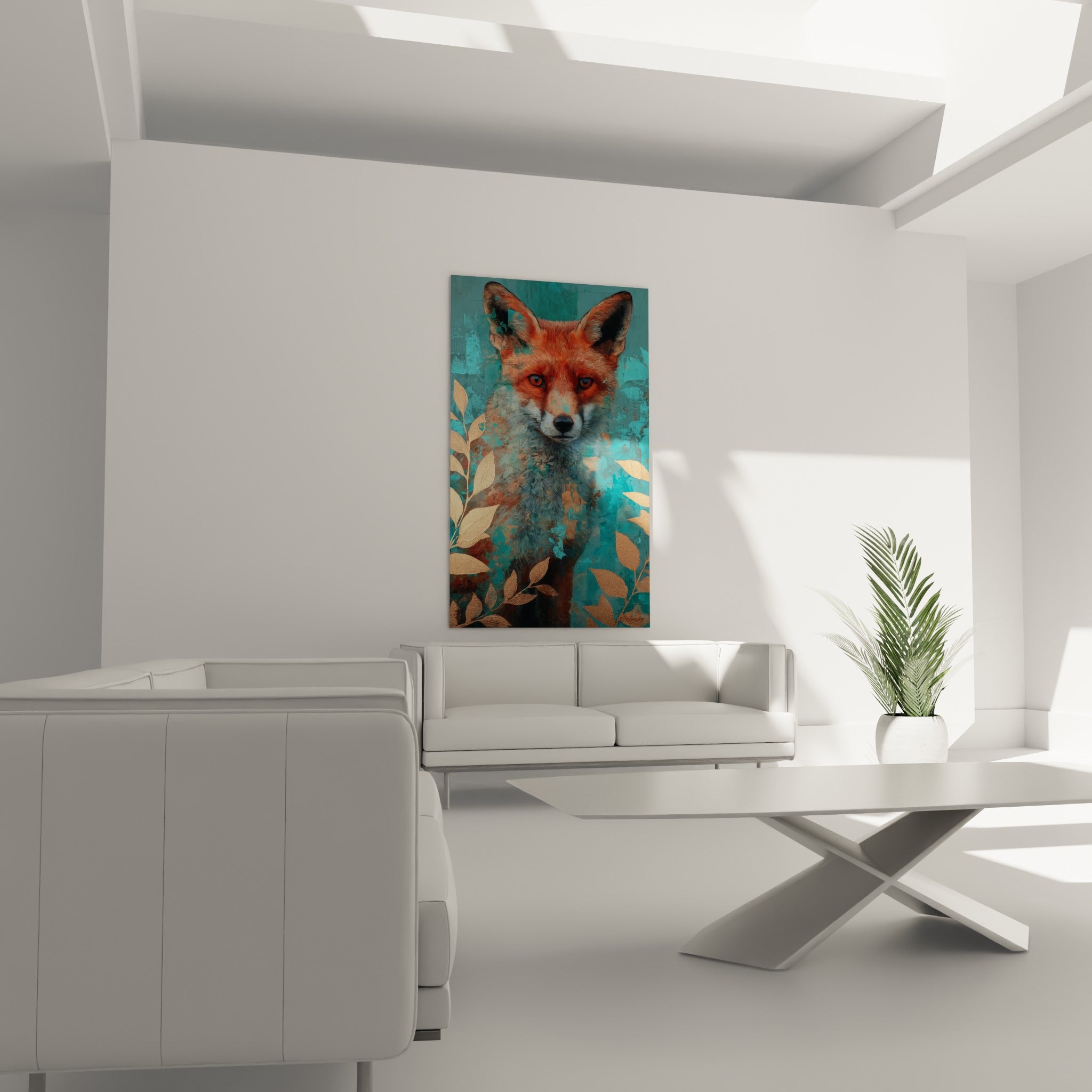 Yeux ambrés du renard doré et fond vert profond, œuvre placée au-dessus d'un canapé dans un salon lumineux
