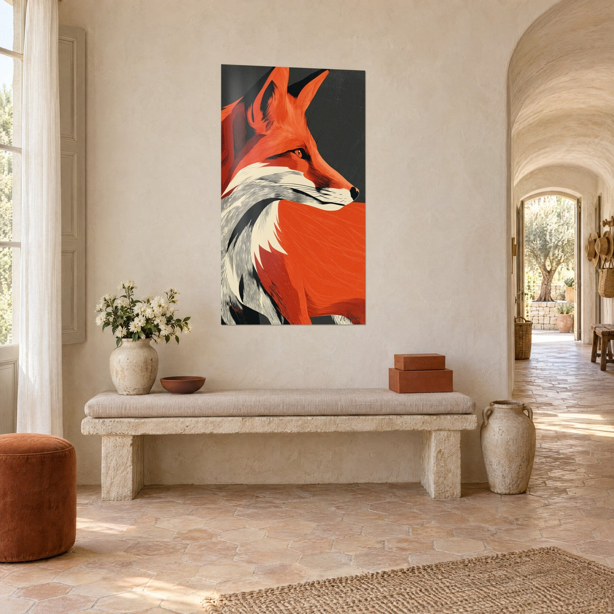 Wall art fox in profile, black upright ears and cream ruff, on a whitewashed wall at the end of the vaulted hallway of the farmhouse