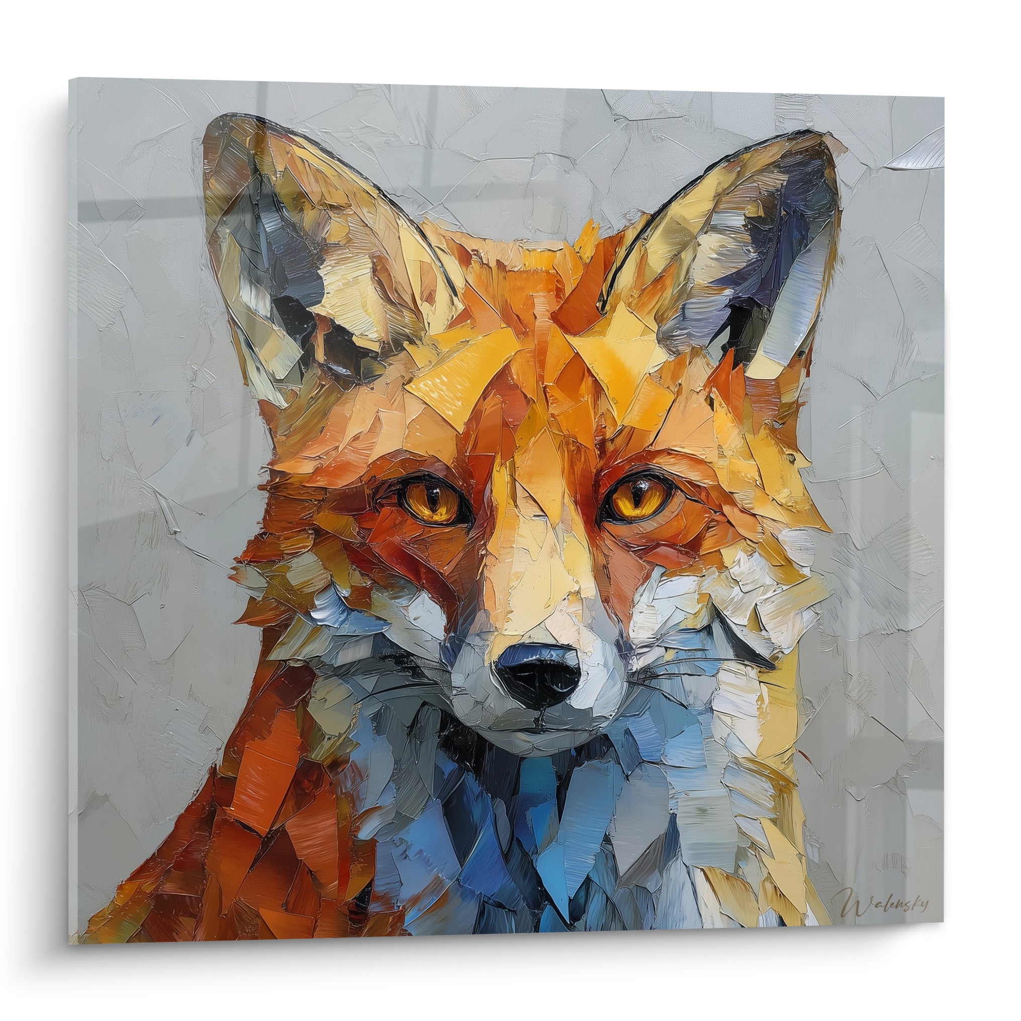 Renard au regard doré, pelage orangé et poitrail bleu ardoise, texture peinte en empâtements épais