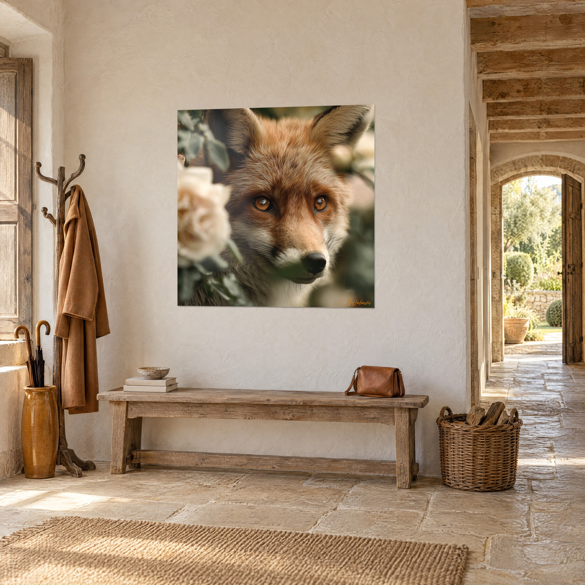 Cuadro zorro de pelaje cobrizo y hocico blanco rodeado de hojas verde salvia, muro de piedra ocre y banco de madera