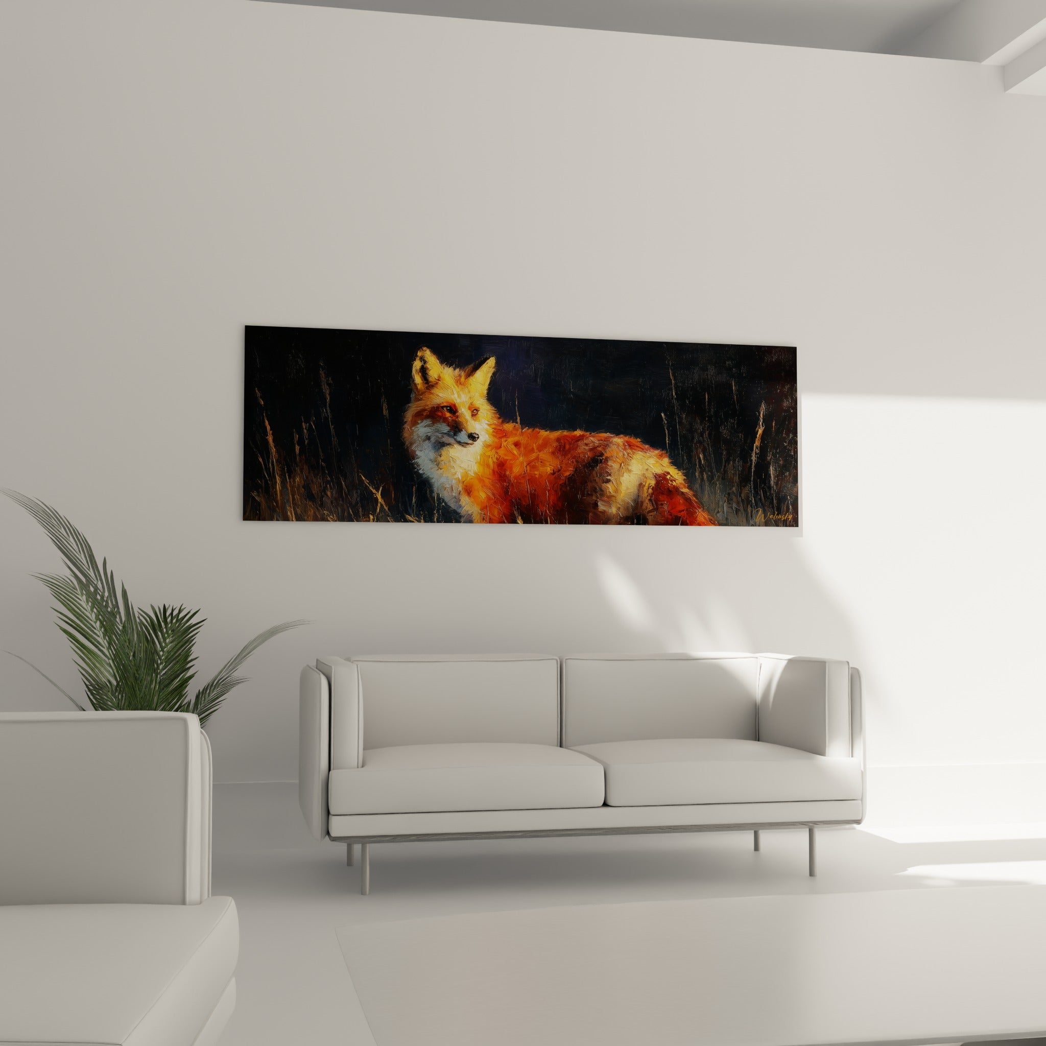 Regard perçant du renard doré et orangé parmi les herbes sombres, au-dessus d'un canapé dans un salon lumineux