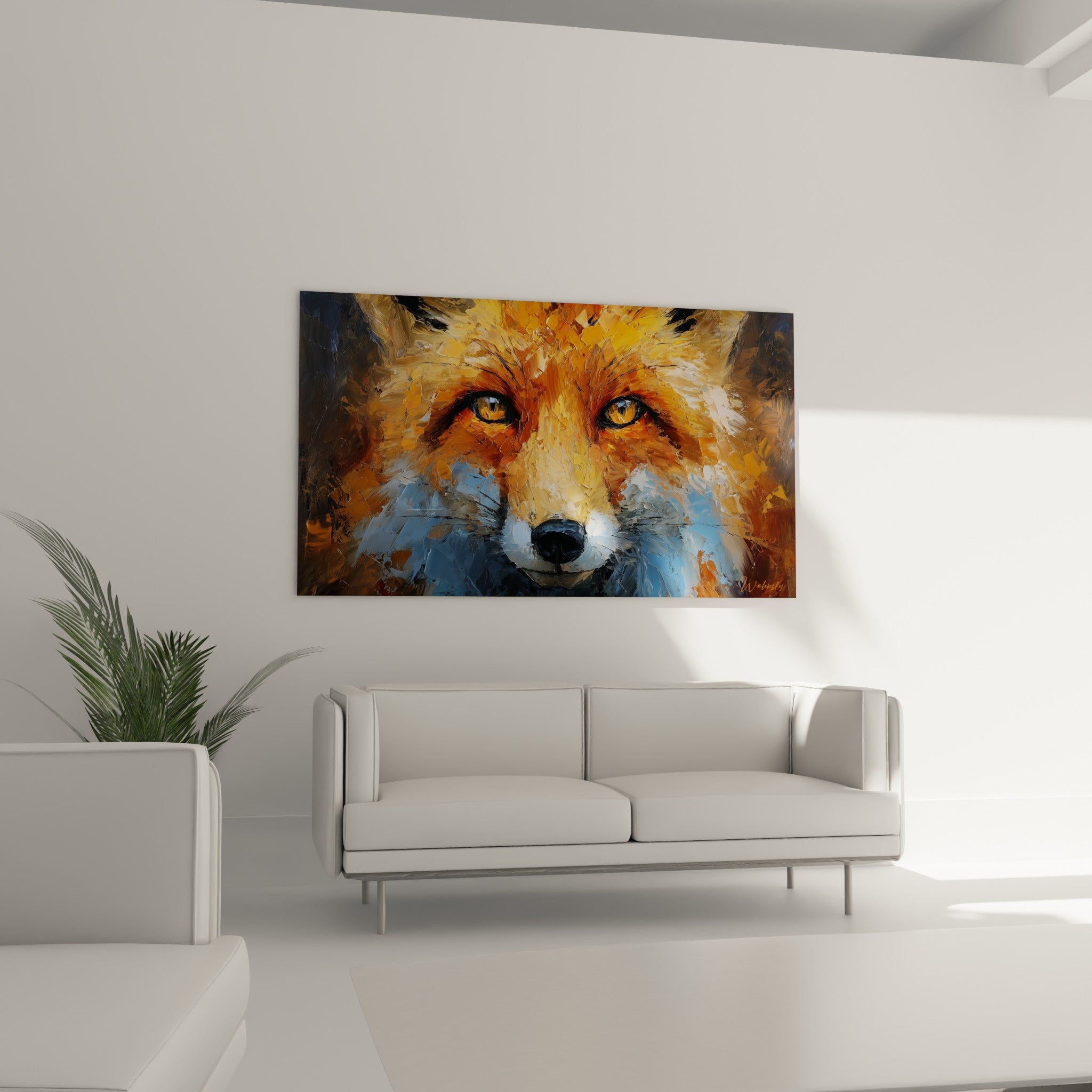 Regard perçant du renard fauve entre orange vif et gris bleuté, au-dessus d'un canapé dans un salon lumineux