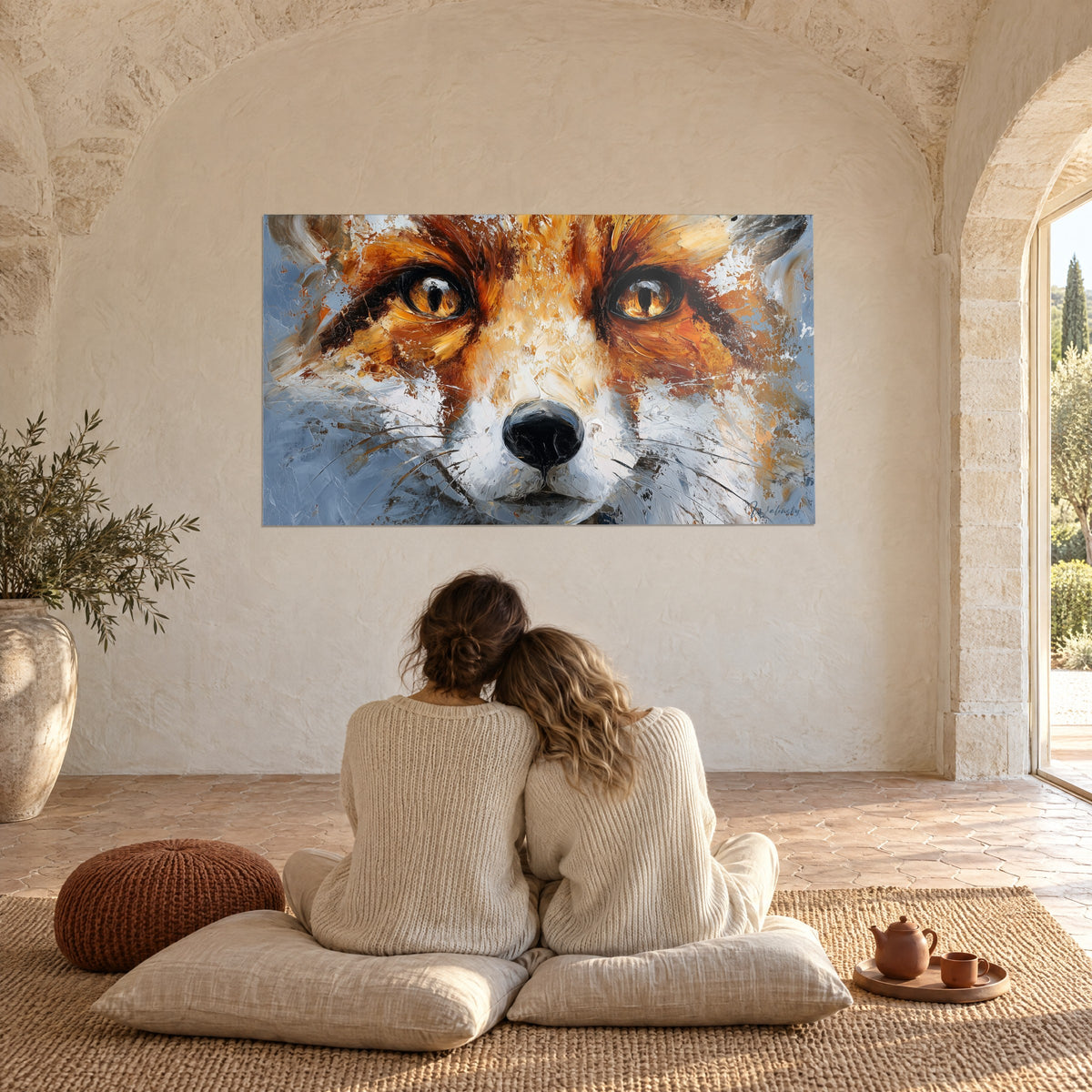 Quadro faccia di volpe dalle iridi ambrate, pennellate a spatola arancio, bianche e blu-grigio, contemplato da due persone sedute di spalle su dei cuscini