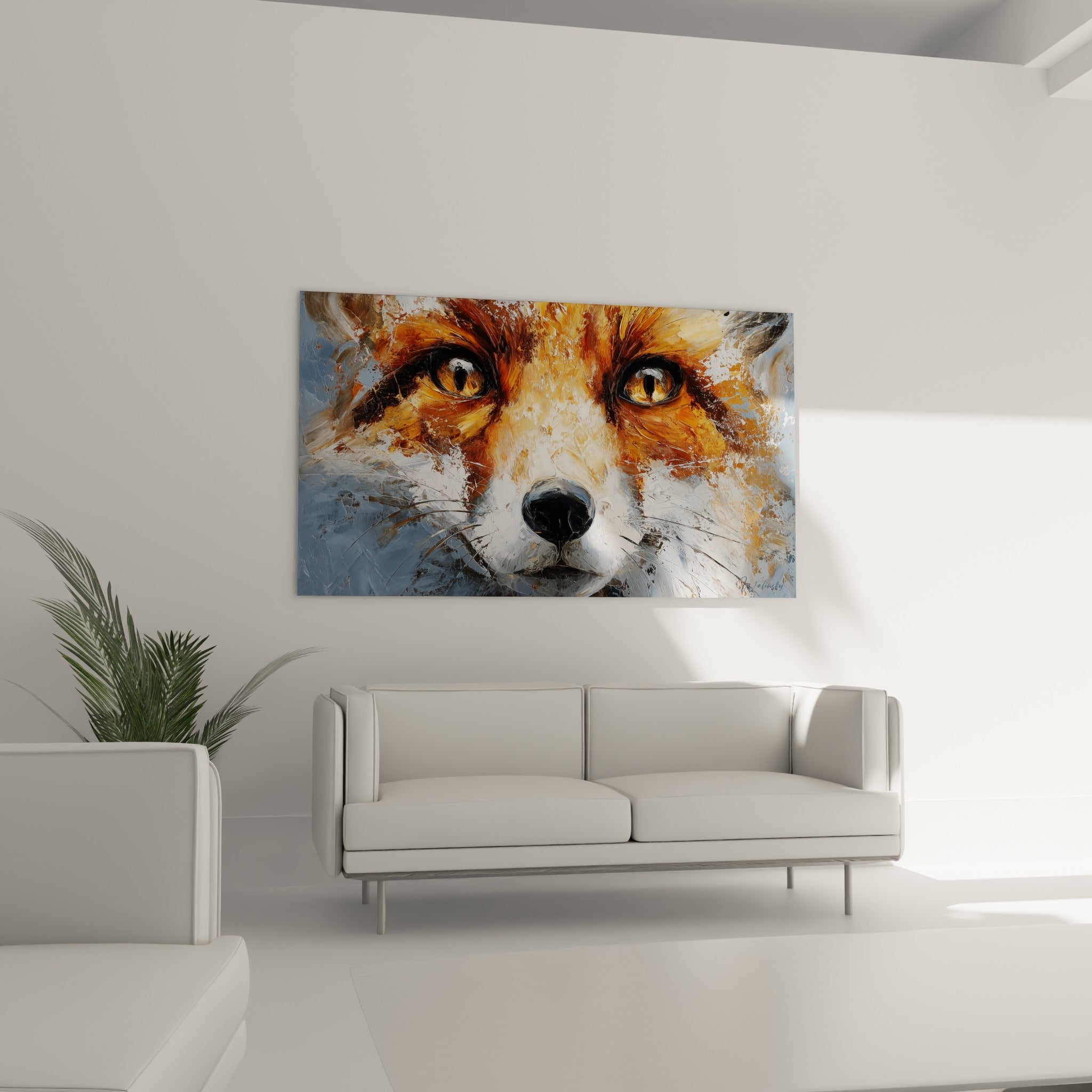 Regard ambré du renard orange et gris installé au-dessus d'un canapé dans un salon lumineux