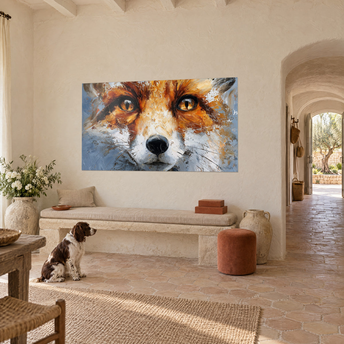 Quadro volpe in primo piano, naso d'ebano e iridi dorate, impasti ocra e grigio-azzurri, vista di tre quarti accanto a uno spaniel
