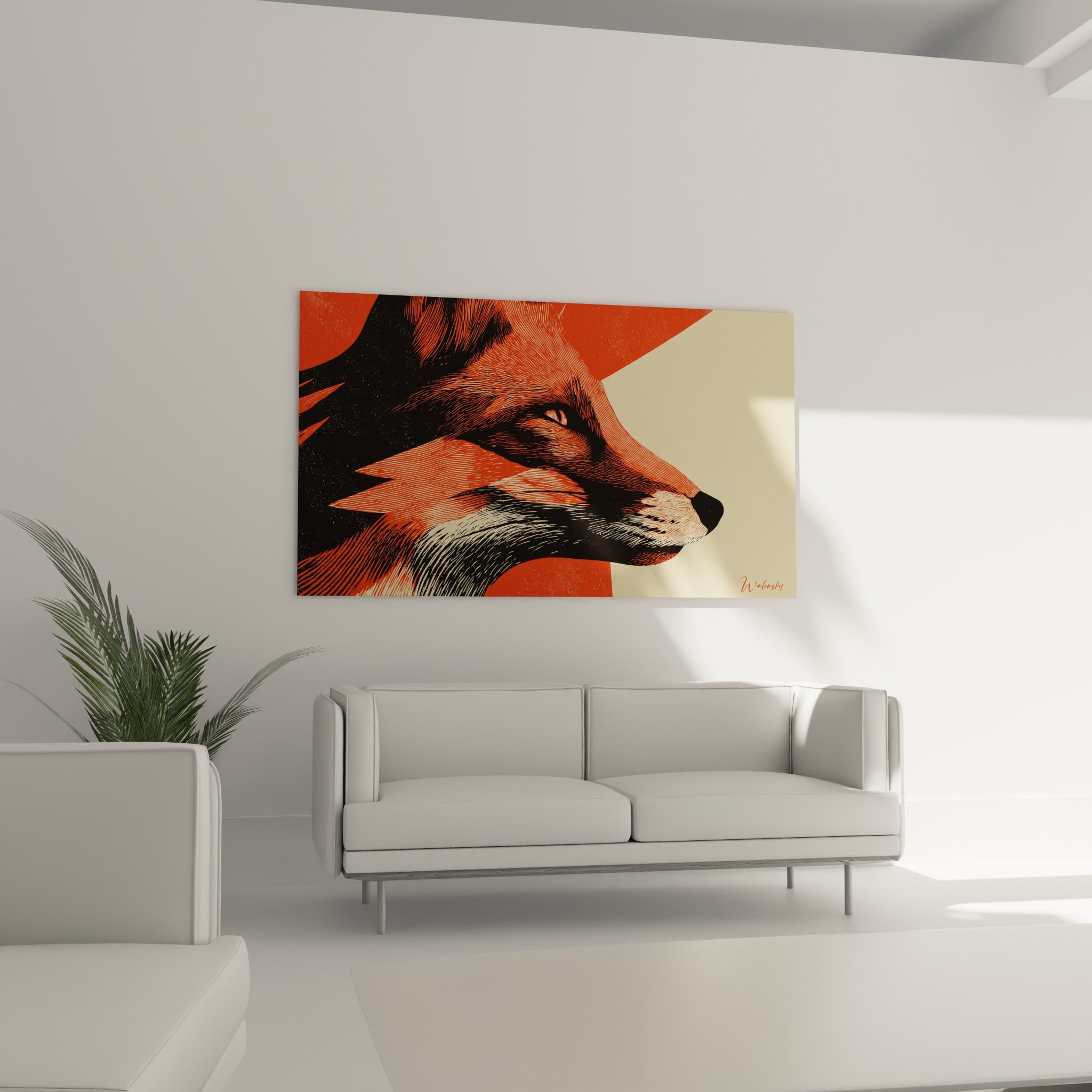 Museau de renard blanc cassé et pelage orange vif, au-dessus d'un canapé dans un salon lumineux.