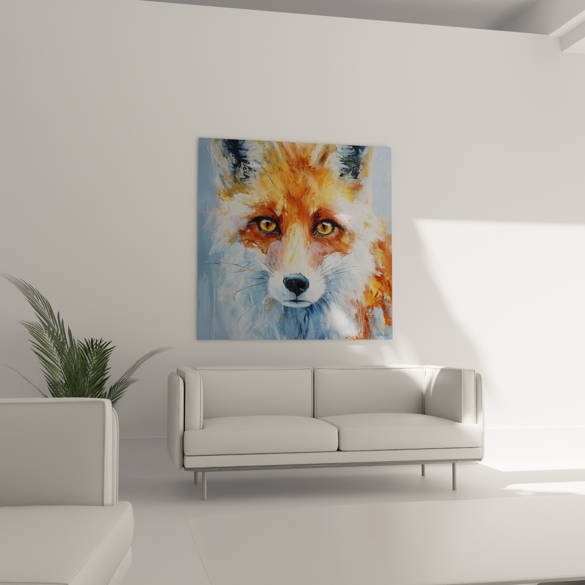 Portrait de renard fauve et blanc aux yeux dorés, suspendu au-dessus d'un canapé dans un salon lumineux