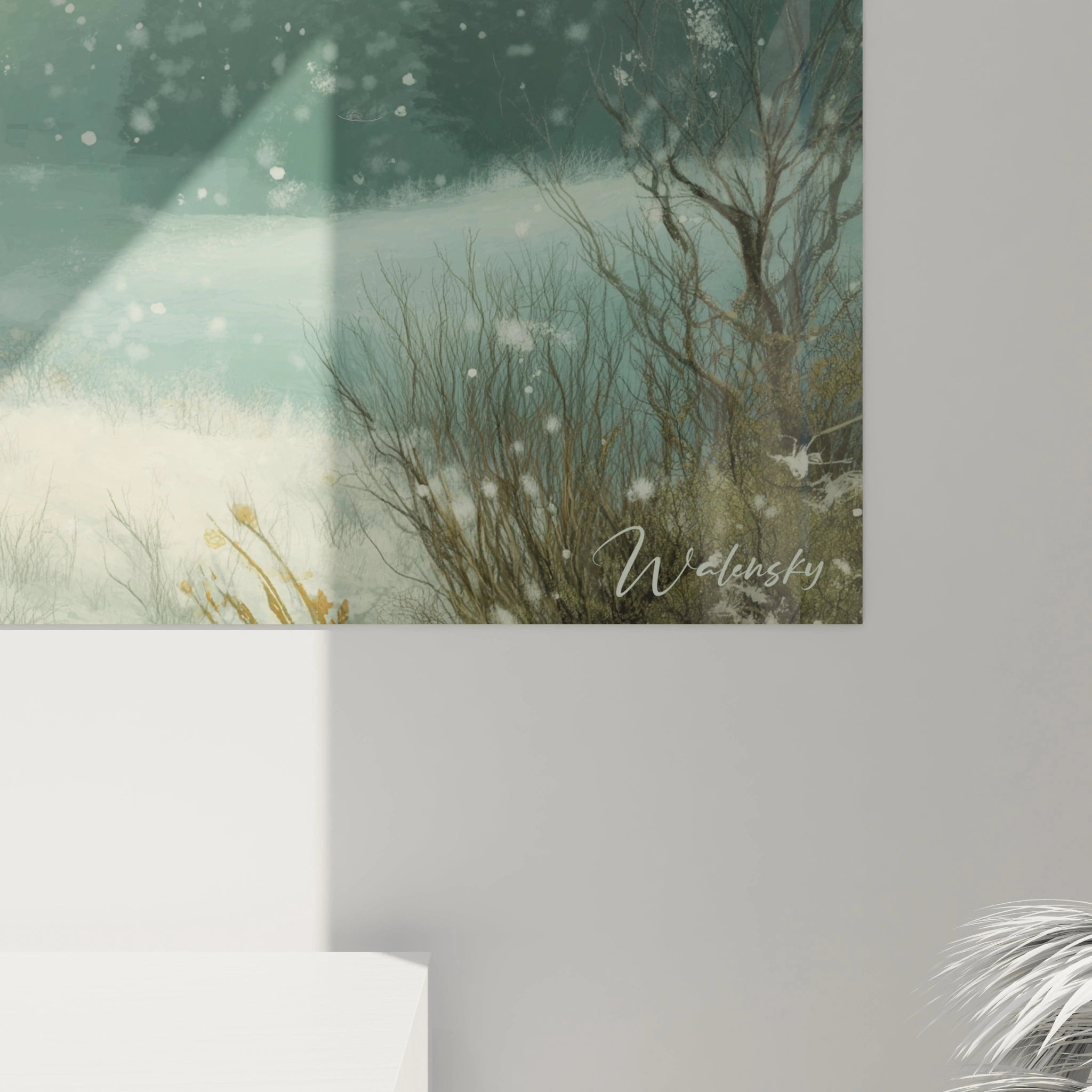 Tableau mural abstrait Walensky en bleu et or signé décor contemporain pour salon tableau renard édition hiver