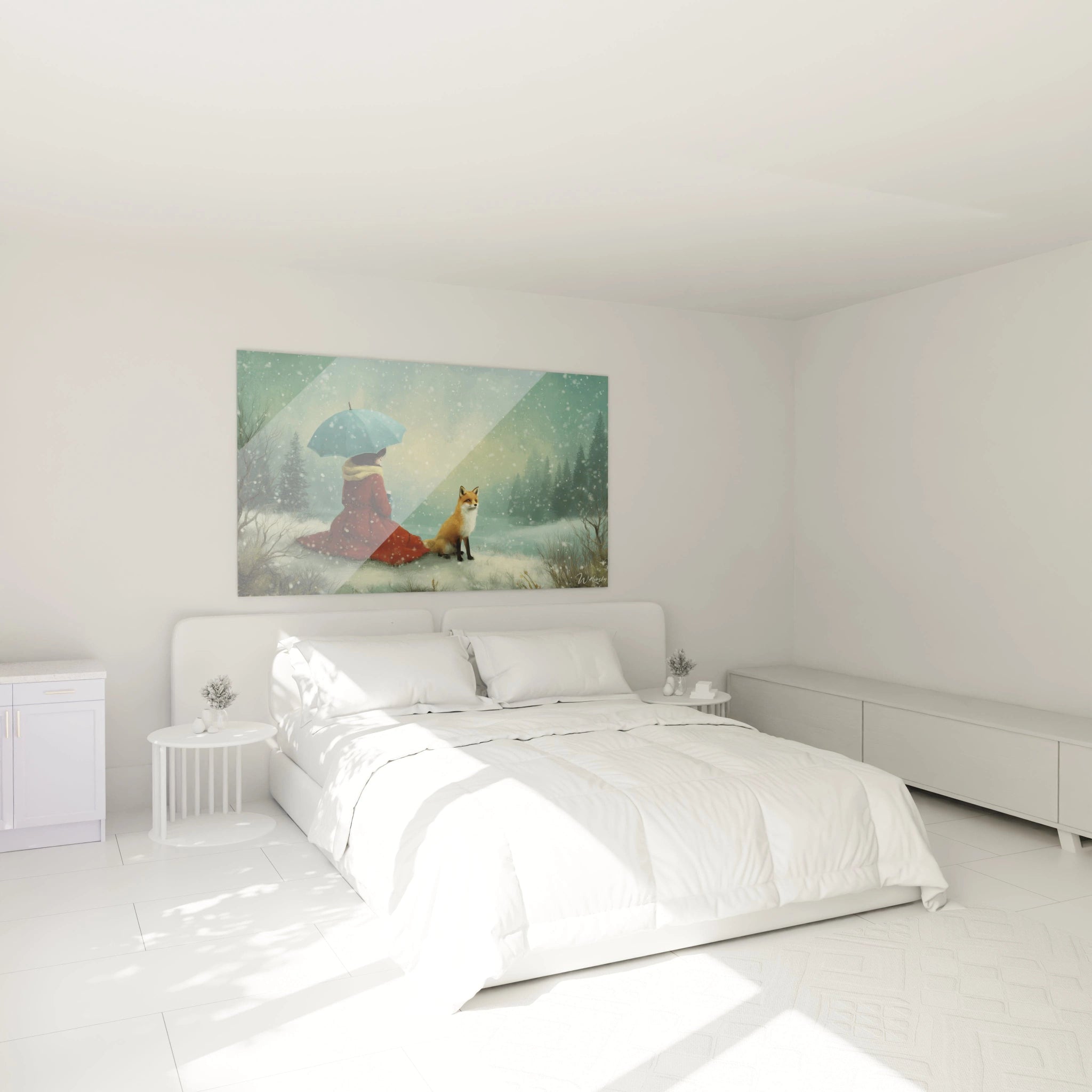 Walensky tableau renard édition hiver accroché au dessus d un lit blanc minimaliste dans une chambre lumineuse