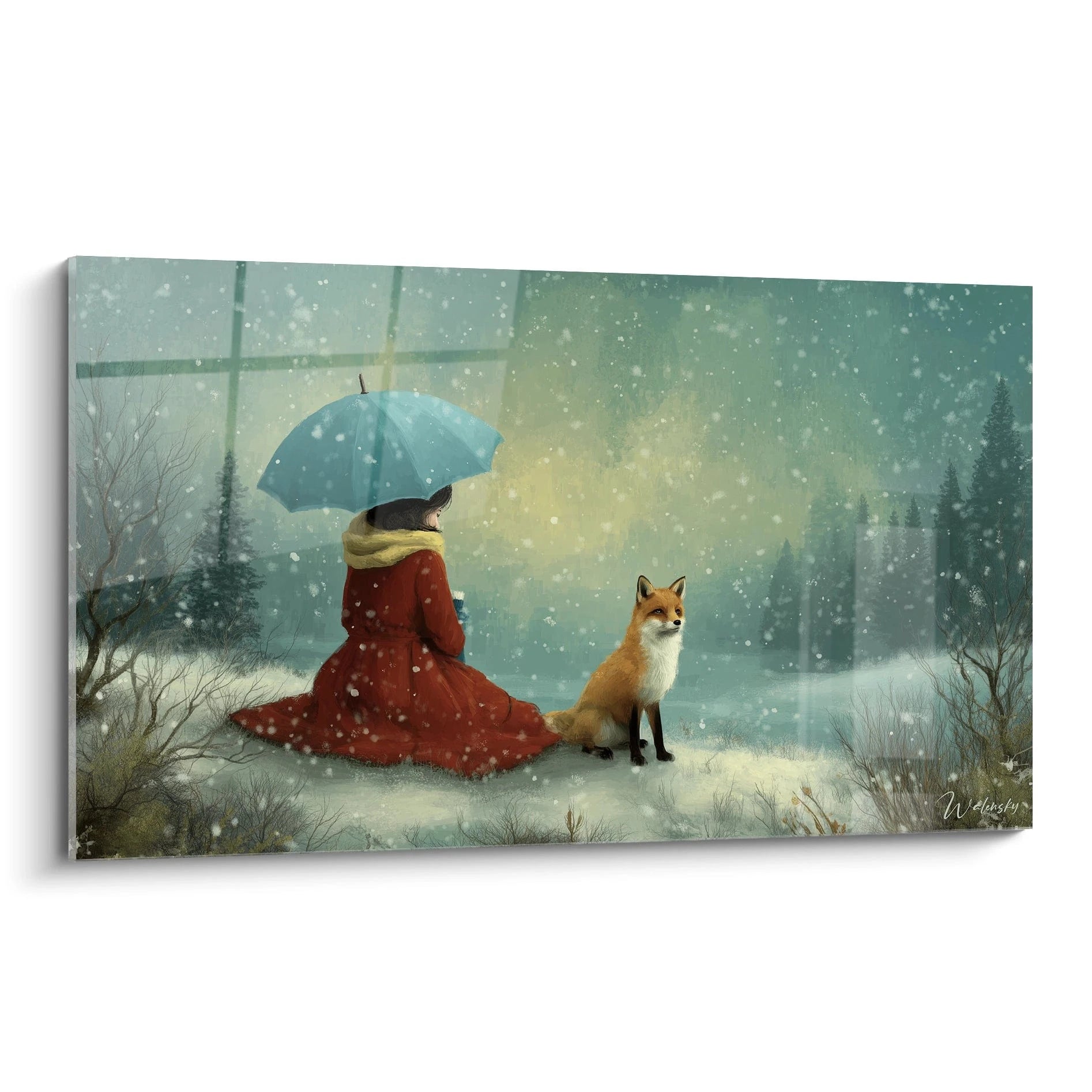 Walensky tableau renard édition hiver tableau mural paysage enneigé femme en manteau rouge avec parapluie et renard assis