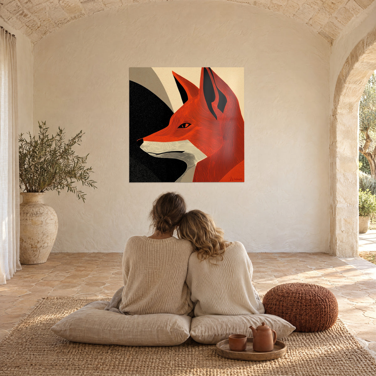 Schilderij rood-oranje vossenkop op een zwarte en beige boog, bekeken door een stel met de rug naar ons op crèmekleurige kussens