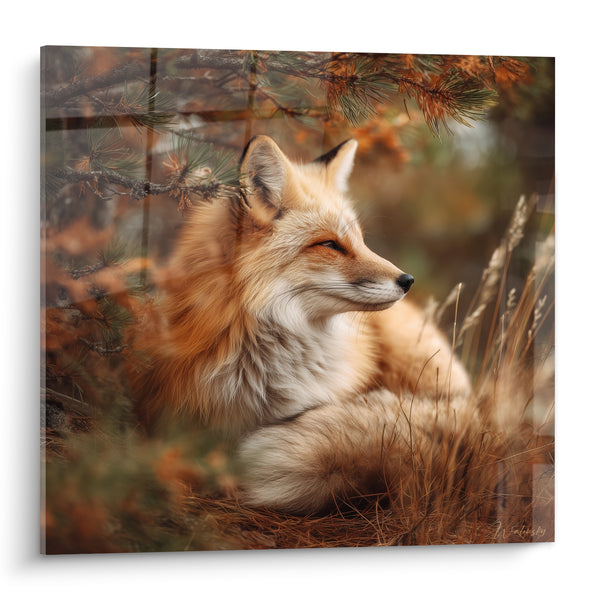 Tableau Renard roux allongé sous des branches de pin - Repos dans les herbes - Edition Renard