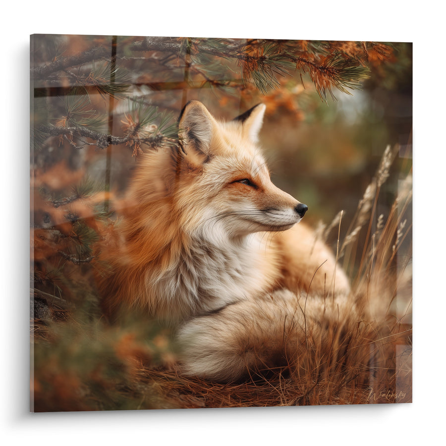 Tableau Renard roux allongé sous des branches de pin - Repos dans les herbes - Edition Renard