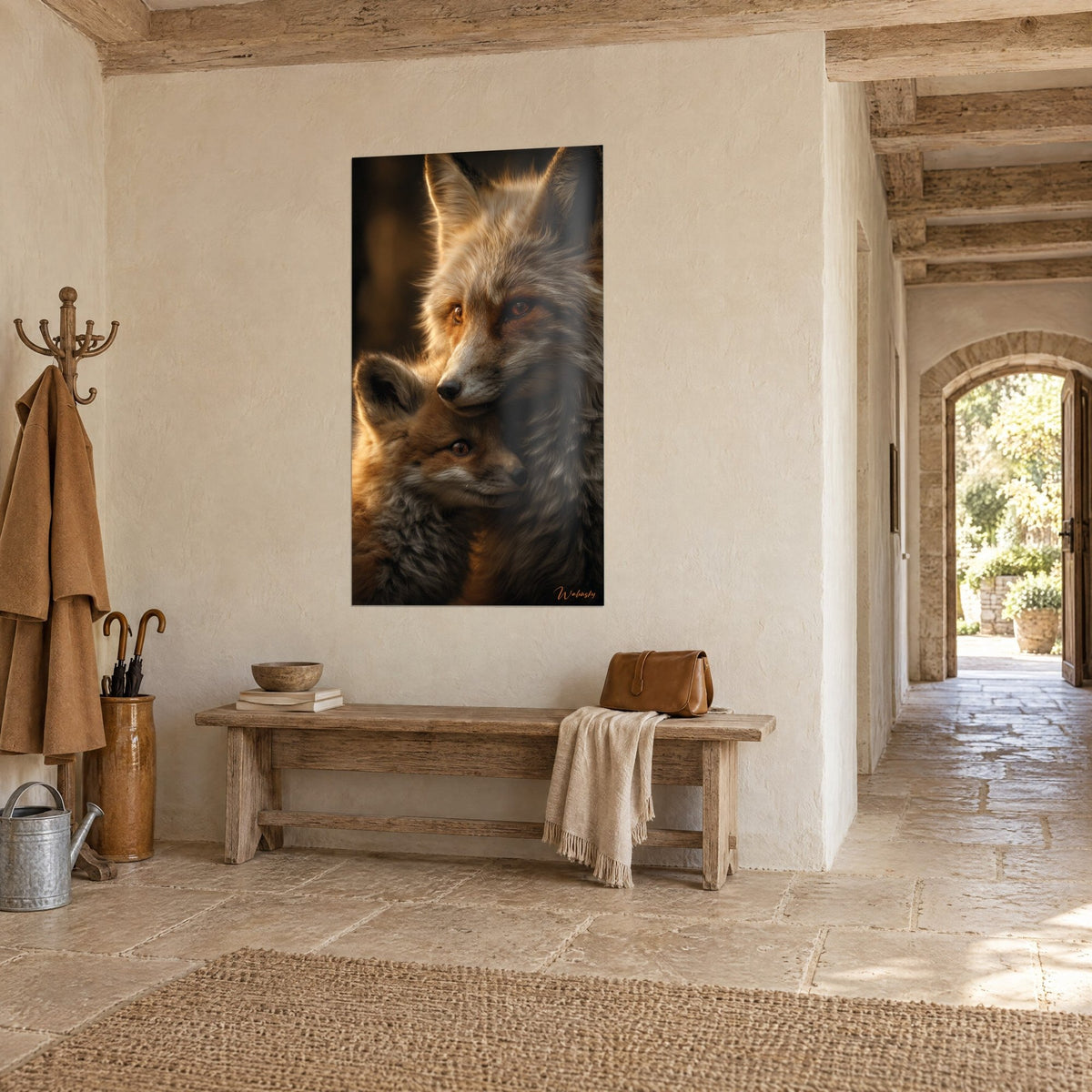 Wall art fox mother curling around her kit, deep brown background with golden glints, at the end of a pale stone hallway