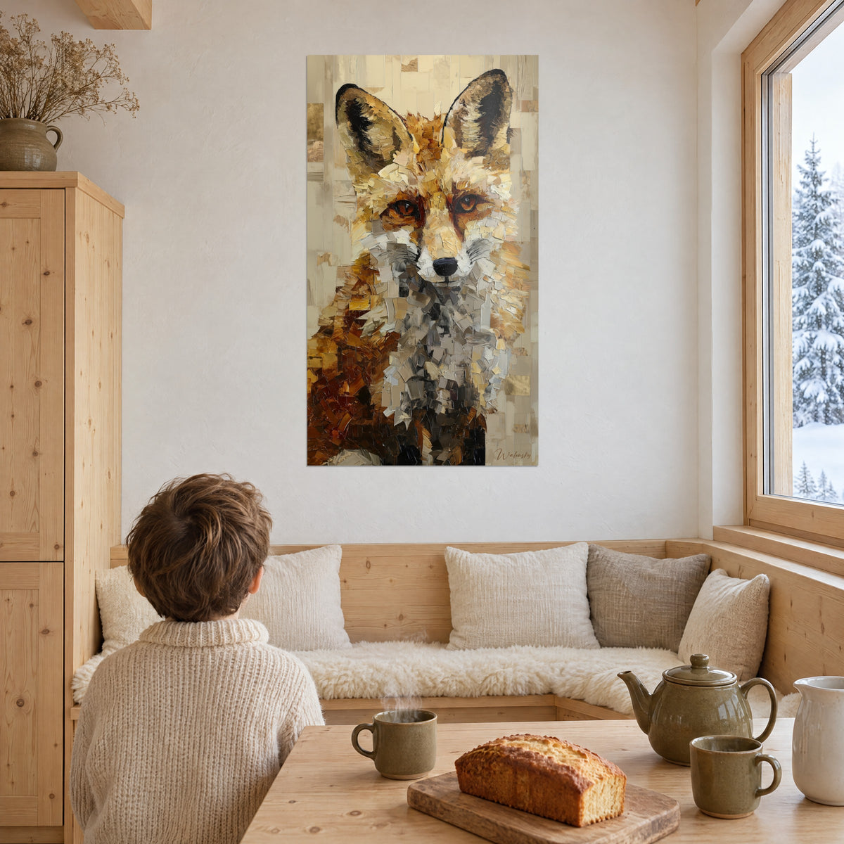 Tableau museau blanc et truffe noire d'un renard, mosaïque de beige et de cuivre, face à une baie vitrée enneigée