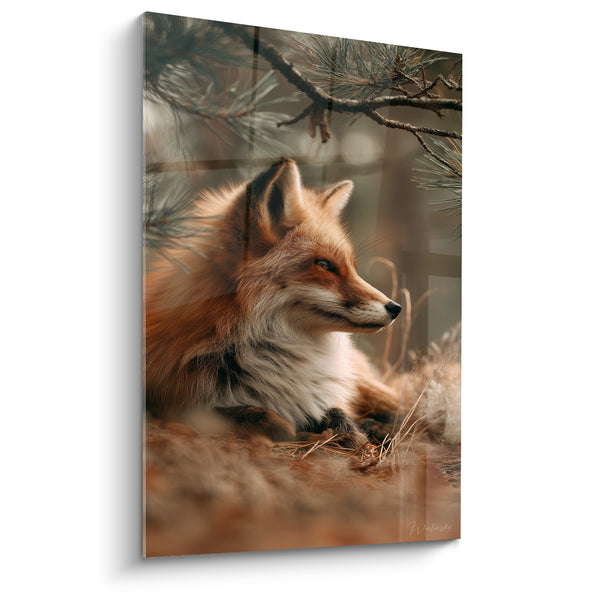 Tableau Renard roux allongé sous une branche de pin - Repos sous les pins - Edition Renard