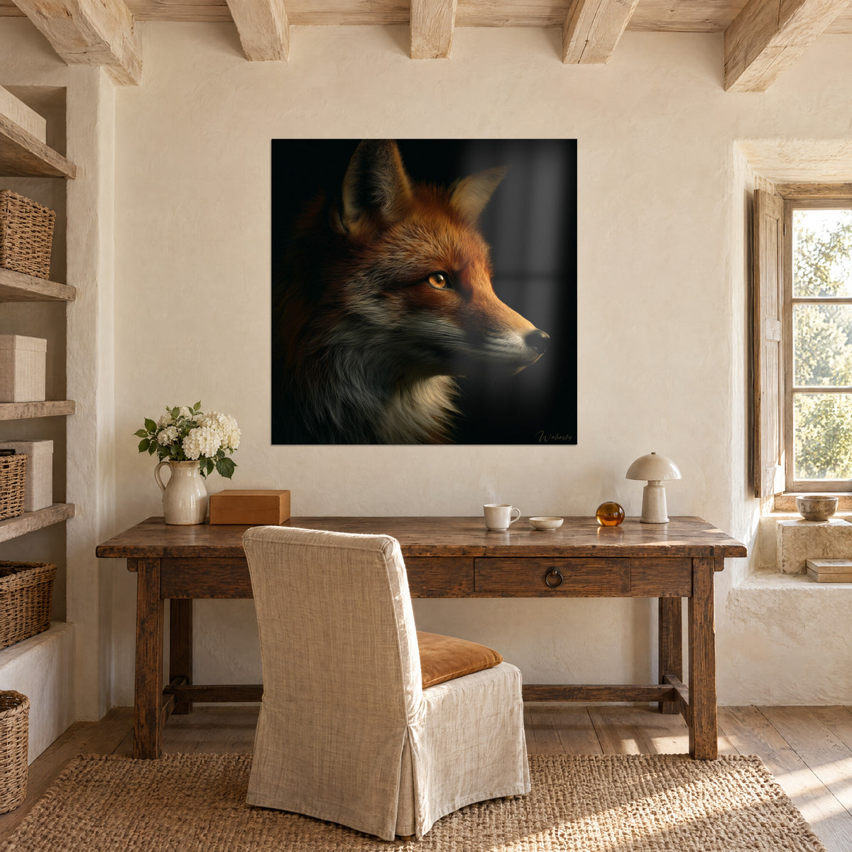Wall art fox with an amber eye and black muzzle, raw wood desk, white chair cover, bunch of white flowers, light wall