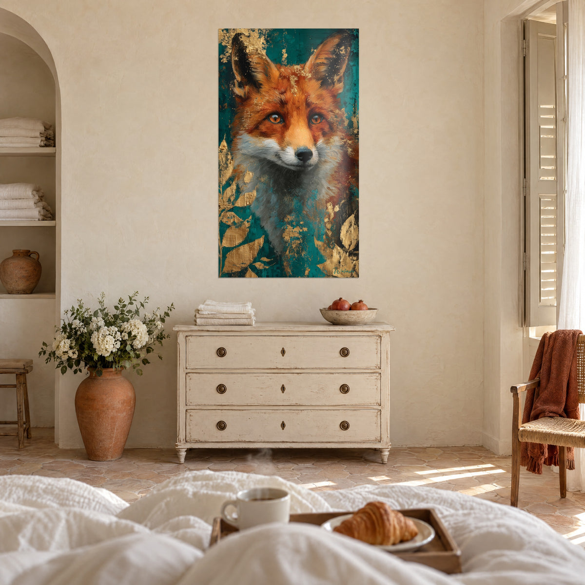 Cuadro zorro con oreja negra erguida, fondo azul pato y follaje dorado, encima de una cama en un dormitorio luminoso