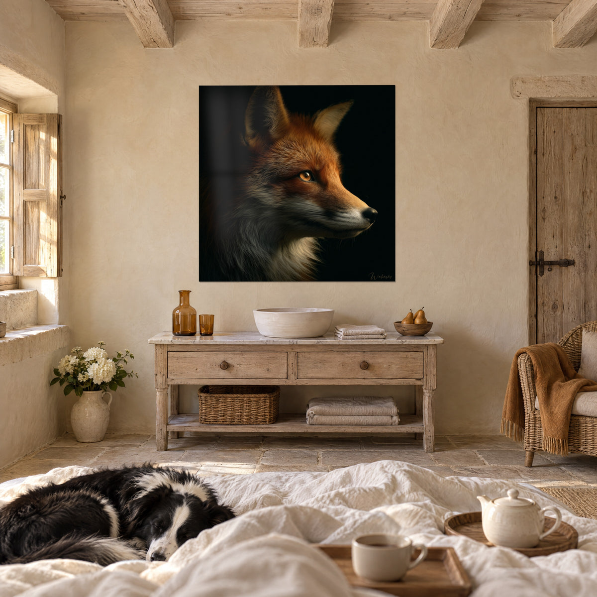 Wall art red fox with an amber gaze in the shadows, sleeping black and white collie, above a bed in a bright bedroom