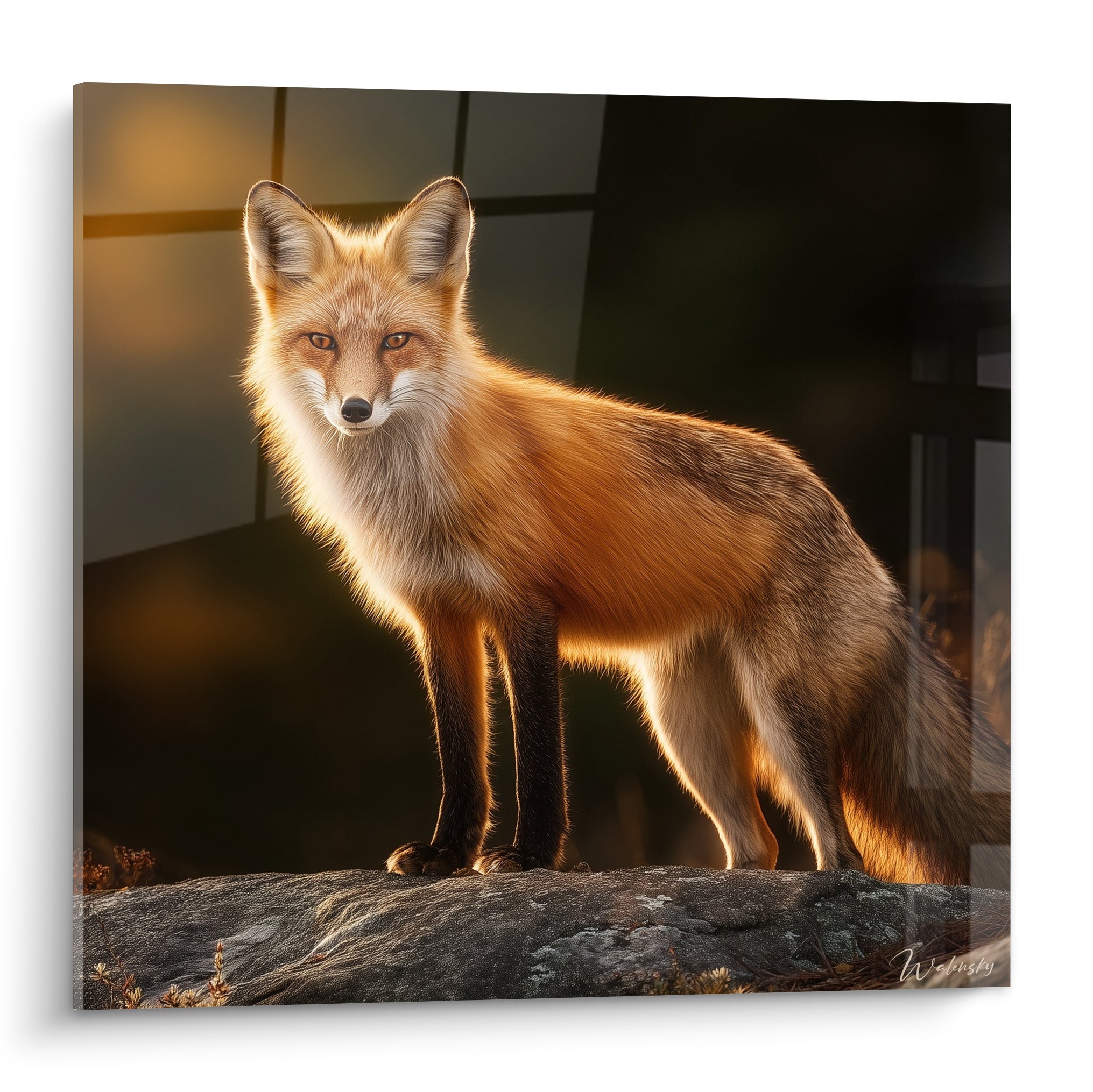 Renard roux au pelage doré, regard perçant, debout sur un rocher gris anthracite