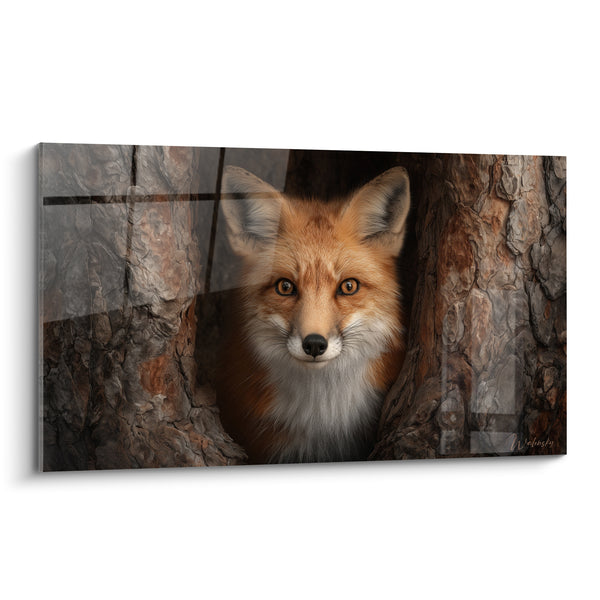 Tableau Roux face à l'écorce brune et grise regard fixe - Yeux ambrés perçants - Edition Renard