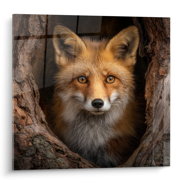 Tableau Renard roux niché dans une cavité d'écorce - Regard depuis l'ombre - Edition Renard