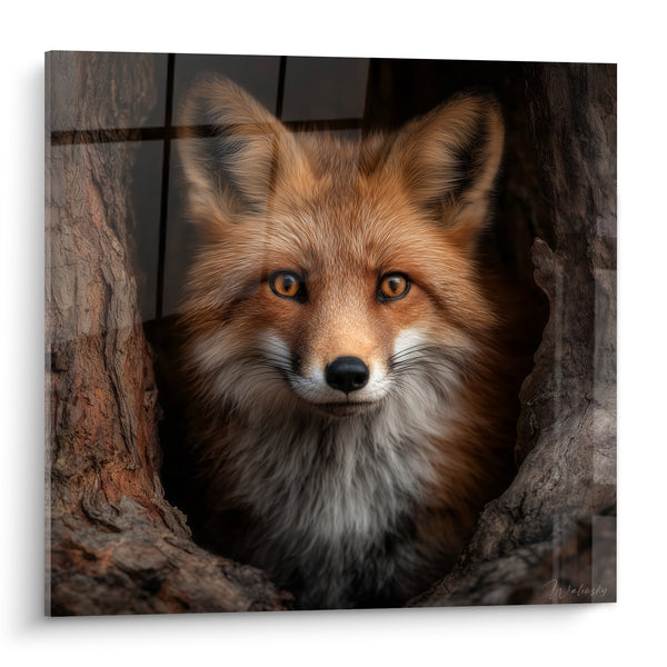 Tableau Renard roux entre deux troncs noueux - Museau noir humide - Edition Renard
