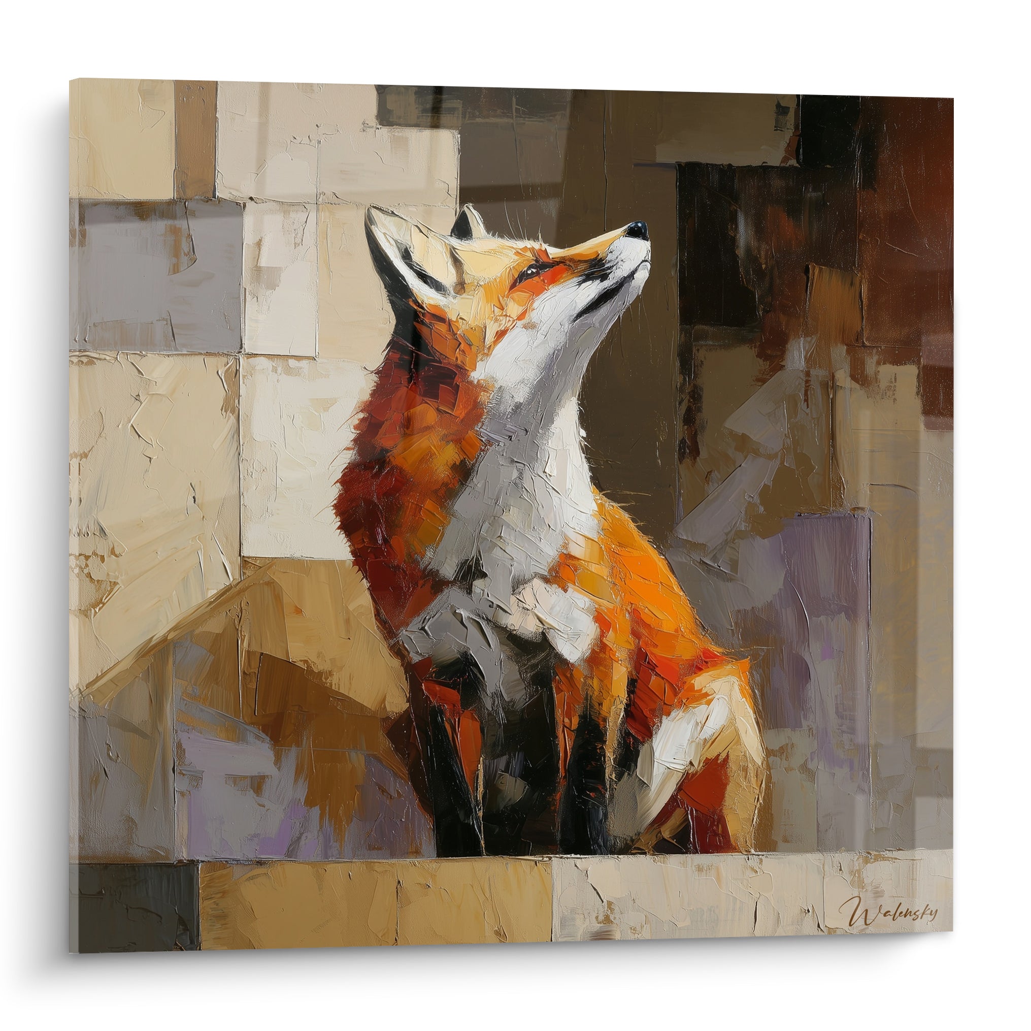 Renard roux et blanc au menton levé, empâtements orange et gris sur fond géométrique beige