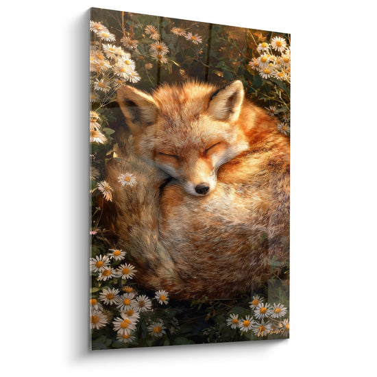 Tableau Renard roux lové parmi les marguerites blanches - Sommeil recroquevillé doré - Edition Renard