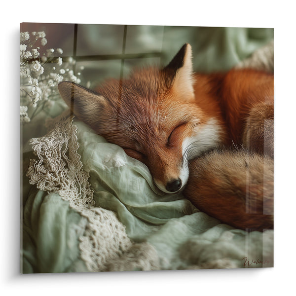 Tableau Renard roux endormi sur tissu vert - Sommeil paisible - Edition Renard