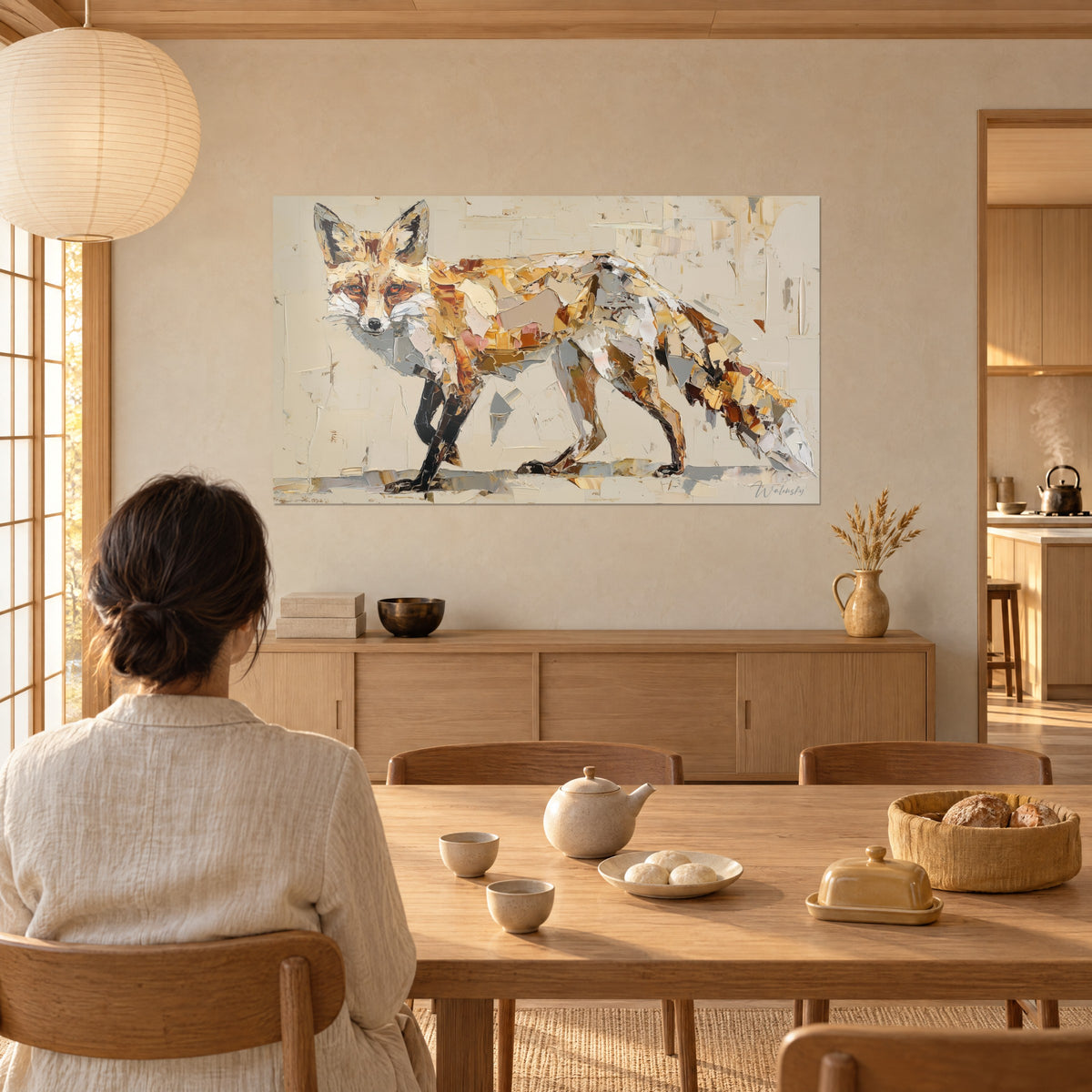 Schilderij roodharige canide met amberkleurige blik, grijze en roze vlekken, gezien door een vrouw van achteren aan een licht houten eettafel in een hoek